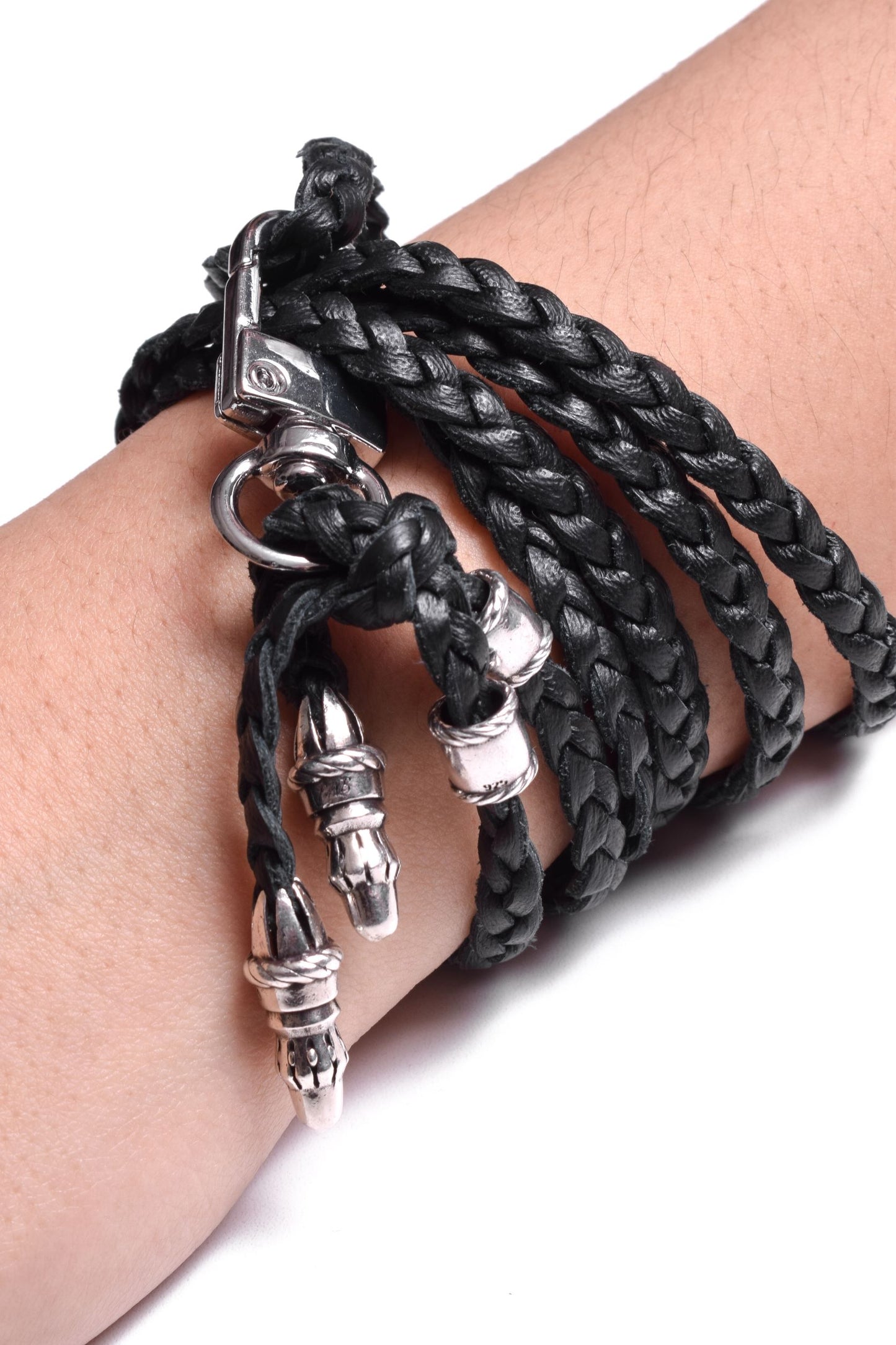 Laser-engraved Silicone cell phone Holder. 2 Rope Terminals and 2 Rope Pins, all made of solid 925 Sterling Silver & Genuine Leather Crossbody/Necklace/Bracelet with 3 hand-braided double strands, Brown, or Black.- SP42