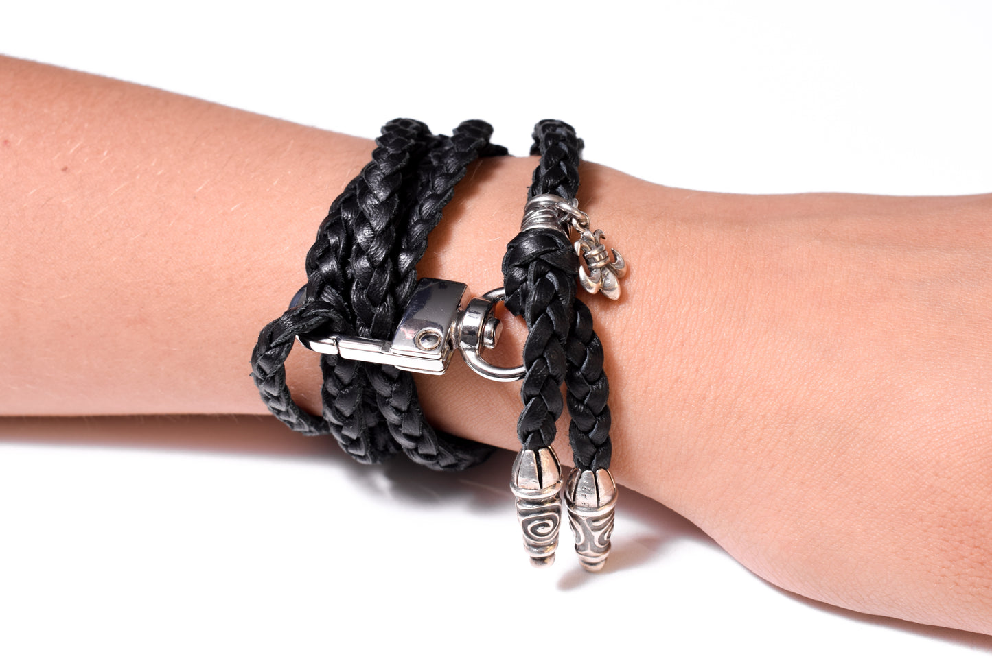 Laser-engraved Silicone cell phone Holder. 2 Spiral Terminals, 1 Spiral Pin with Ring, and 1 Fleur-de-Lys Pendant, all made of 925 Sterling Silver & Crossbody/Necklace/Bracelet with 3 hand-braided double strands, Brown, or Black.- SP45