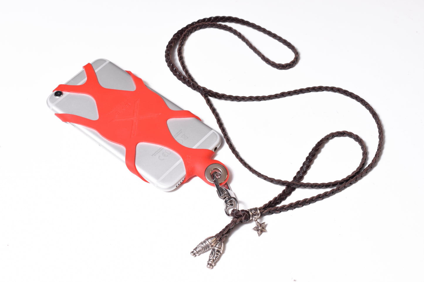 Laser-engraved Silicone cell phone Holder. 2 Spiral Terminals, 1 Spiral Pin with Ring, and 1Star Pendant, all made of solid 925 Sterling Silver & Genuine Leather Crossbody/Necklace/Bracelet with 3 hand-braided strands, Brown, or Black.- SP33