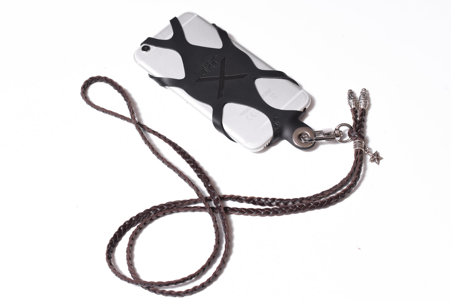 Laser-engraved Silicone cell phone Holder. 2 Spiral Terminals, 1 Spiral Pin with Ring, and 1Star Pendant, all made of solid 925 Sterling Silver & Genuine Leather Crossbody/Necklace/Bracelet with 3 hand-braided strands, Brown, or Black.- SP33