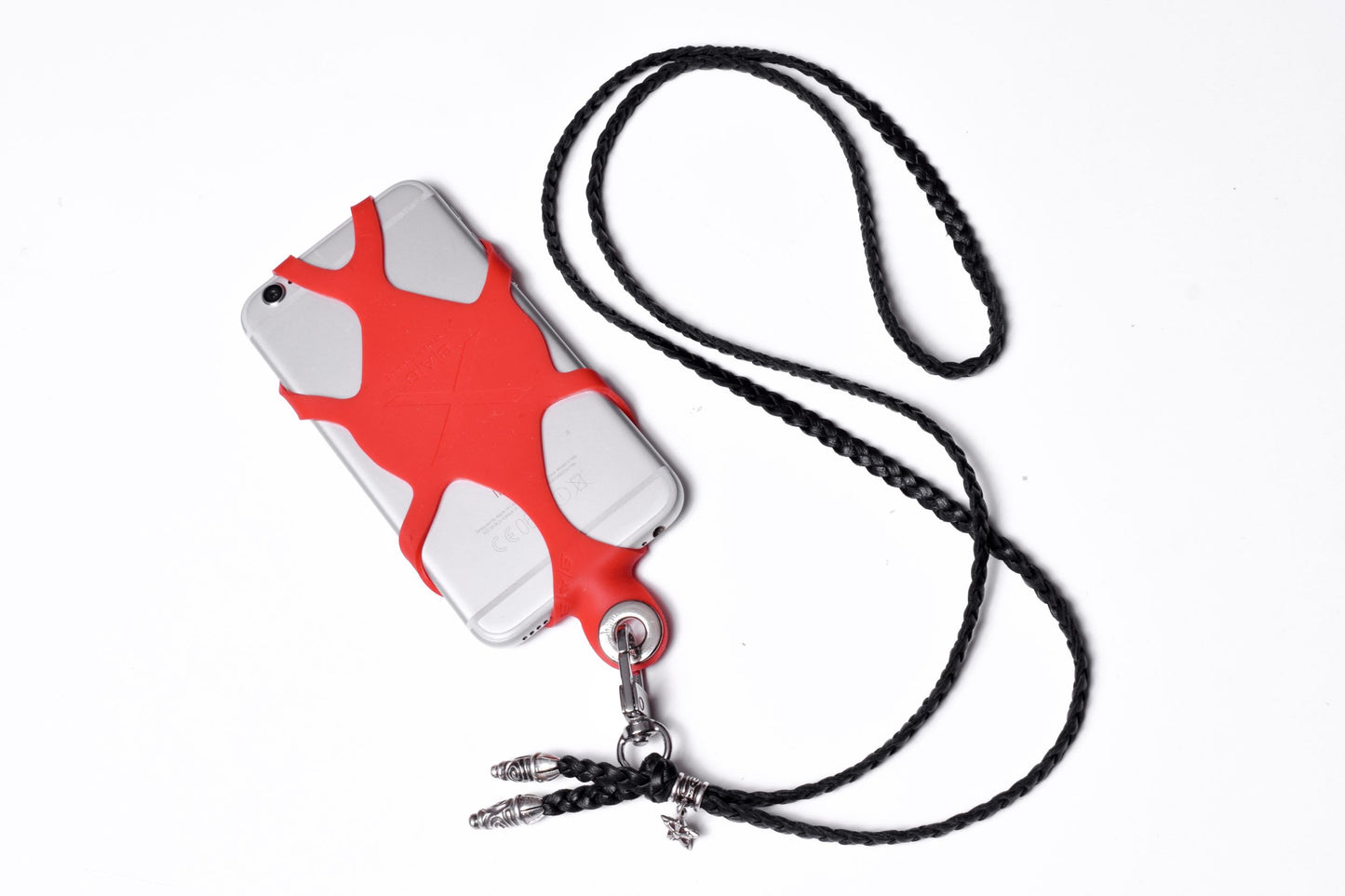 Laser-engraved Silicone cell phone Holder. 2 Spiral Terminals, 1 Spiral Pin with Ring, and 1Star Pendant, all made of solid 925 Sterling Silver & Genuine Leather Crossbody/Necklace/Bracelet with 3 hand-braided strands, Brown, or Black.- SP33