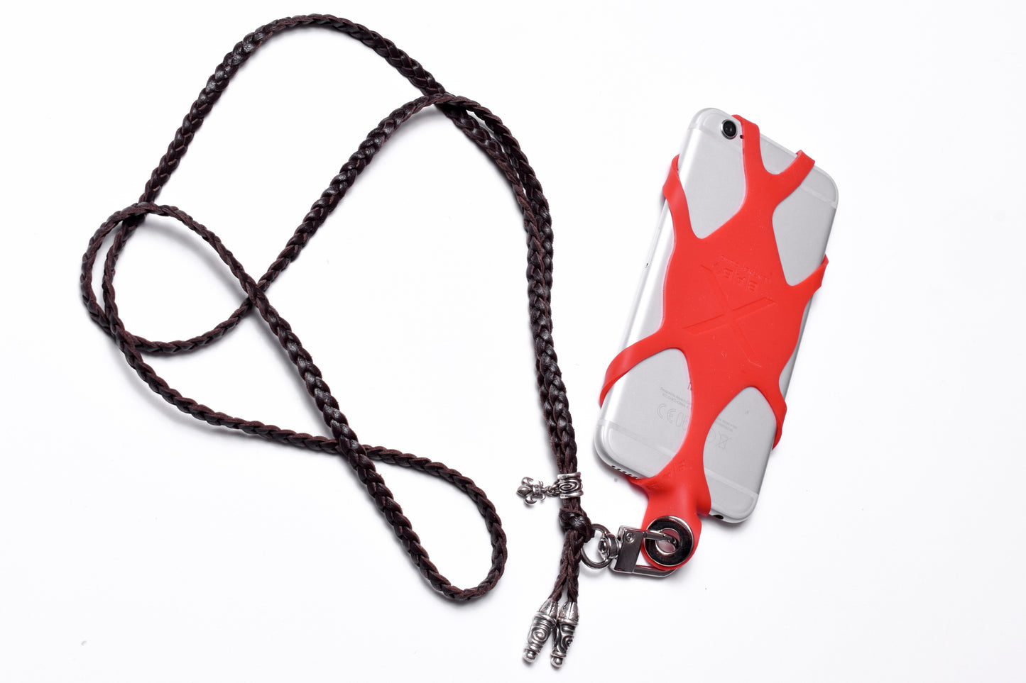 Laser-engraved Silicone cell phone Holder. 2 Spiral Terminals, 1 Spiral Pin with Ring, and 1 Fleur-de-Lys Pendant, all made of 925 Sterling Silver & Crossbody/Necklace/Bracelet with 3 hand-braided double strands, Brown, or Black.- SP45