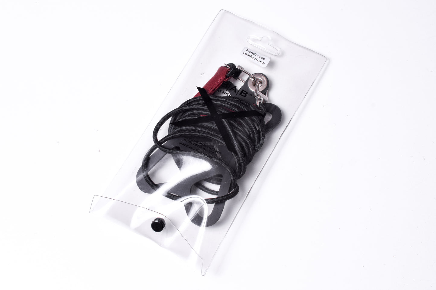 Soporte para celular de Silicona grabado con láser. Crossbody/Collar/Pulsera doble de Cuerda Elástica Negra & 2 Terminales de Cuero Full-Grain curtido vegetal al tanino, Azul, Marrón, Negro o Rojo con 2 Mosquetones plateados.- S23