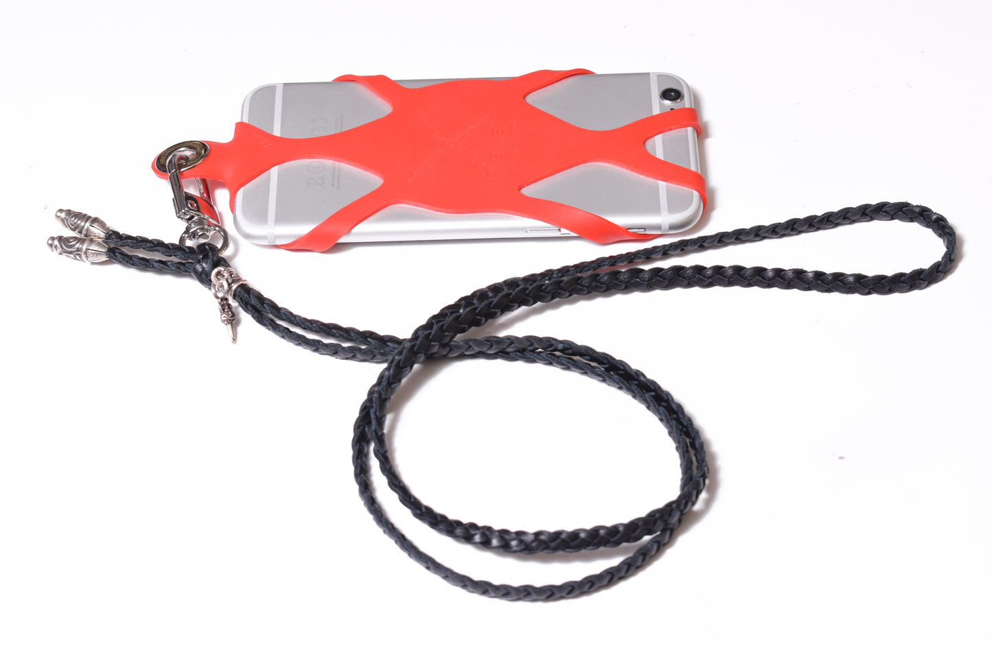 Laser-engraved Silicone cell phone Holder. 2 Spiral Terminals, 1 Spiral Pin with Ring, and 1 Dagger Pendant, all made of solid 925 Sterling Silver & Genuine Leather Crossbody/Necklace/Bracelet with 3 hand-braided double strands, Brown, or Black.- SP32