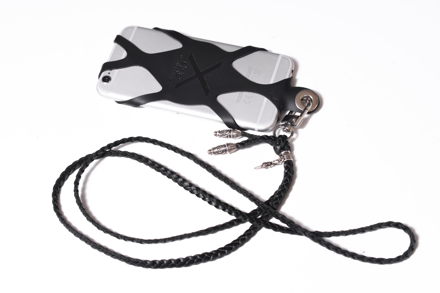 Laser-engraved Silicone cell phone Holder. 2 Spiral Terminals, 1 Spiral Pin with Ring, and 1 Dagger Pendant, all made of solid 925 Sterling Silver & Genuine Leather Crossbody/Necklace/Bracelet with 3 hand-braided double strands, Brown, or Black.- SP32