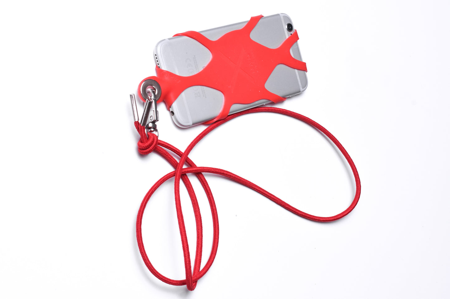 Suporte para celular de Silicone gravado a laser. Crossbody/Colar/Pulseira de Corda Elástica, Multicolorido, Preto ou Vermelho com 1 Mosquetão giratório, 1 Ilhó e 2 Terminais prateados.- S27