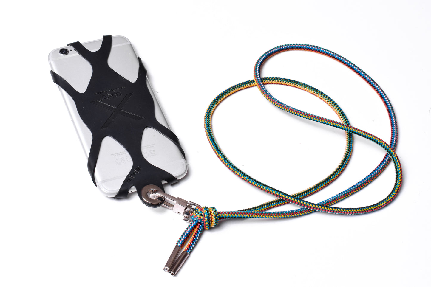 Suporte para celular de Silicone gravado a laser. Crossbody/Colar/Pulseira de Corda Elástica, Multicolorido, Preto ou Vermelho com 1 Mosquetão giratório, 1 Ilhó e 2 Terminais prateados.- S27