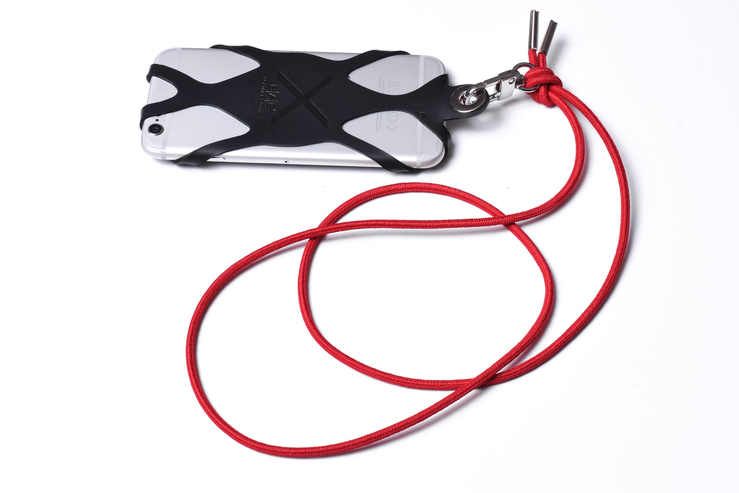 Suporte para celular de Silicone gravado a laser. Crossbody/Colar/Pulseira de Corda Elástica, Multicolorido, Preto ou Vermelho com 1 Mosquetão giratório, 1 Ilhó e 2 Terminais prateados.- S27