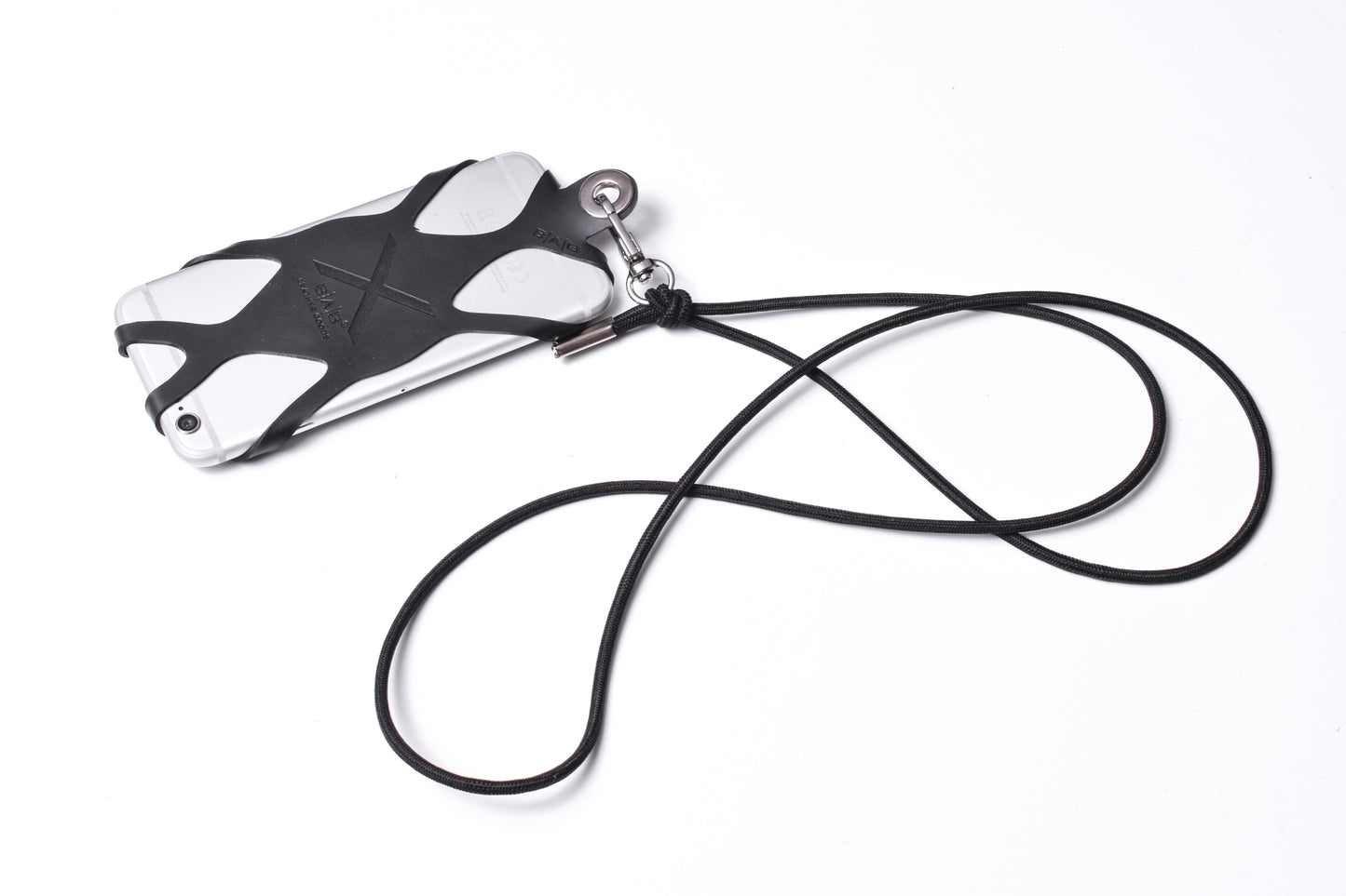 Suporte para celular de Silicone gravado a laser. Crossbody/Colar/Pulseira de Corda Elástica, Multicolorido, Preto ou Vermelho com 1 Mosquetão giratório, 1 Ilhó e 2 Terminais prateados.- S27