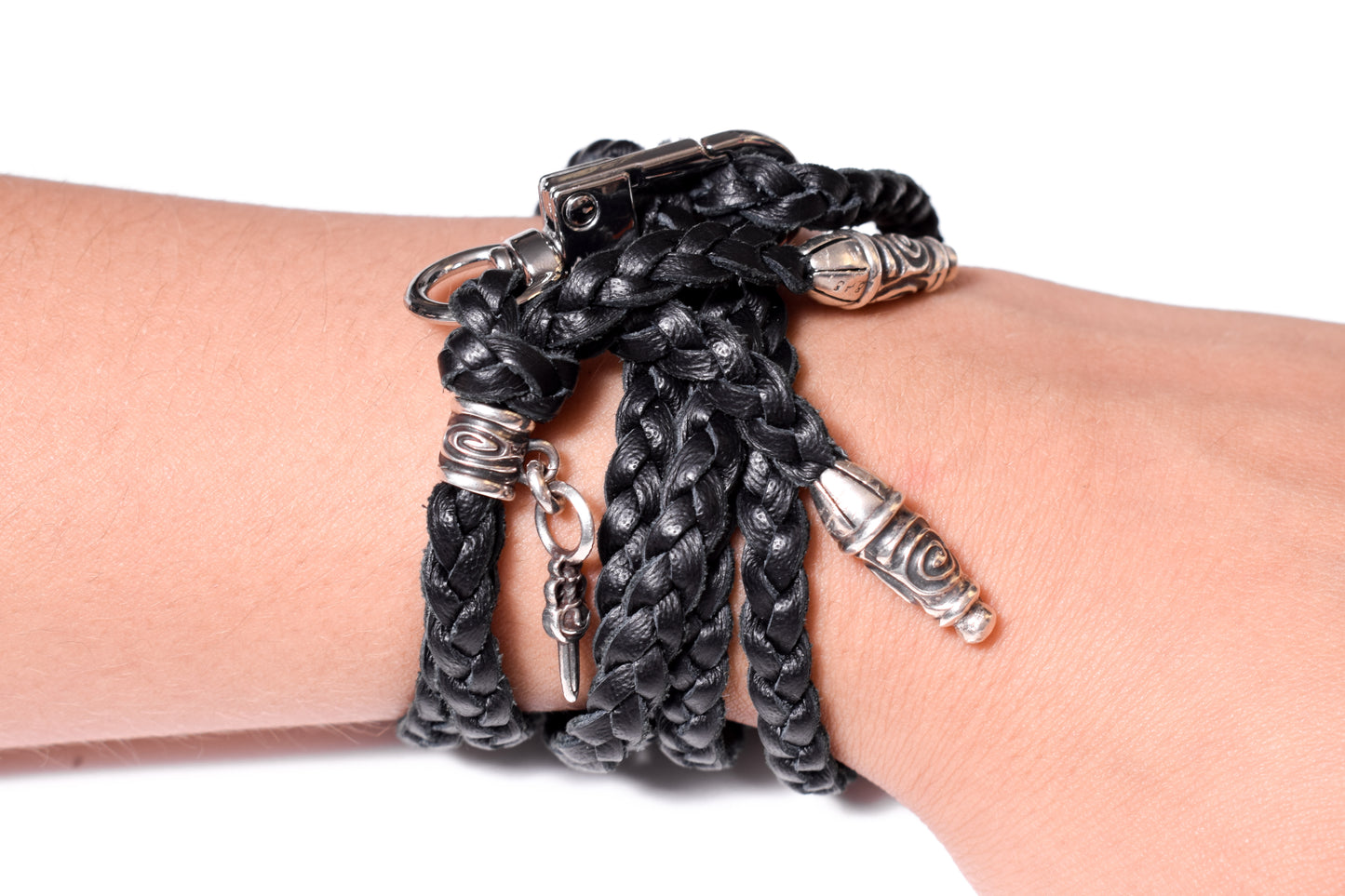Laser-engraved Silicone cell phone Holder. 2 Spiral Terminals, 1 Spiral Pin with Ring, and 1 Dagger Pendant, all made of solid 925 Sterling Silver & Genuine Leather Crossbody/Necklace/Bracelet with 3 hand-braided double strands, Brown, or Black.- SP32