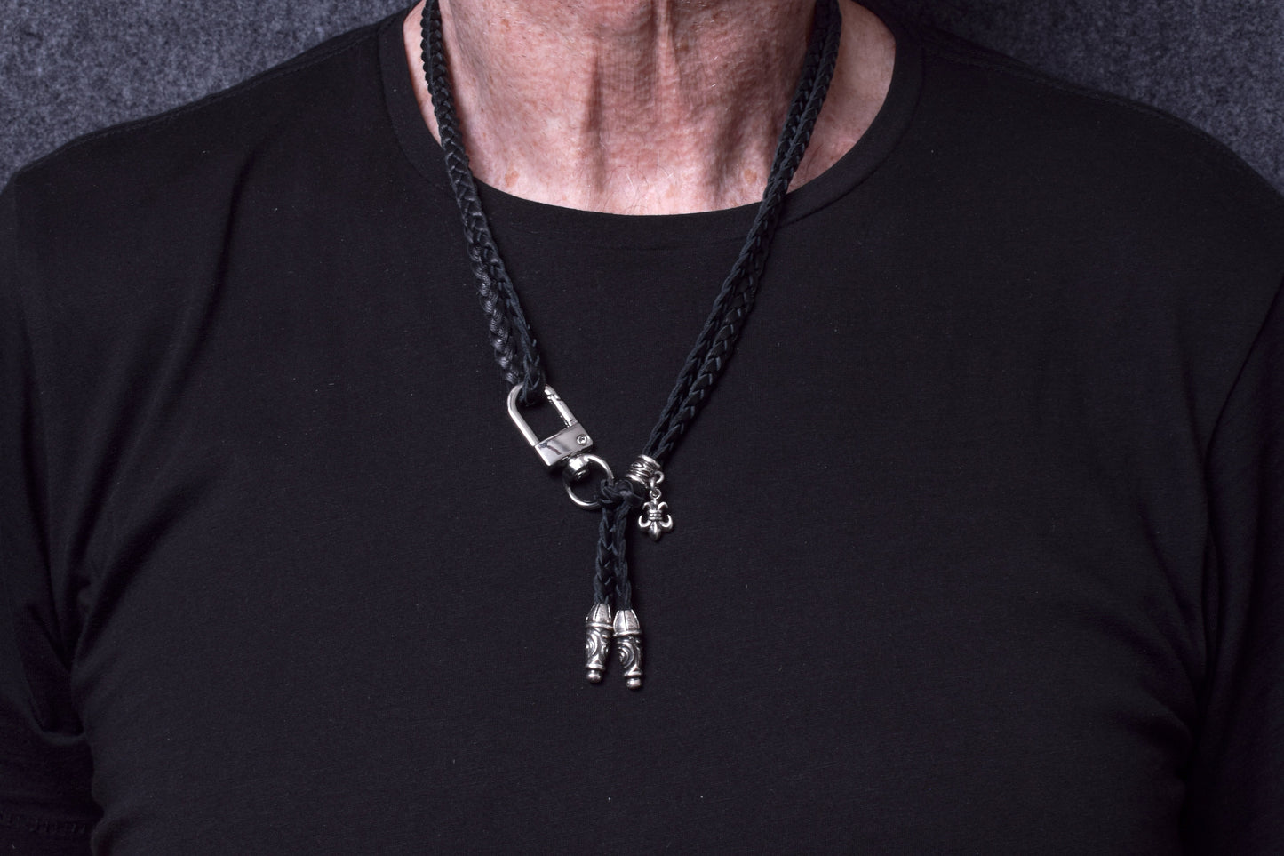 2 Spiral Terminals, 1 Spiral Pin with Ring, and 1 Fleur-de-Lys Pendant, all made of solid 925 Sterling Silver & Genuine Leather Crossbody/Necklace/Bracelet with three hand-braided double strands, Brown, or Black.- CP45