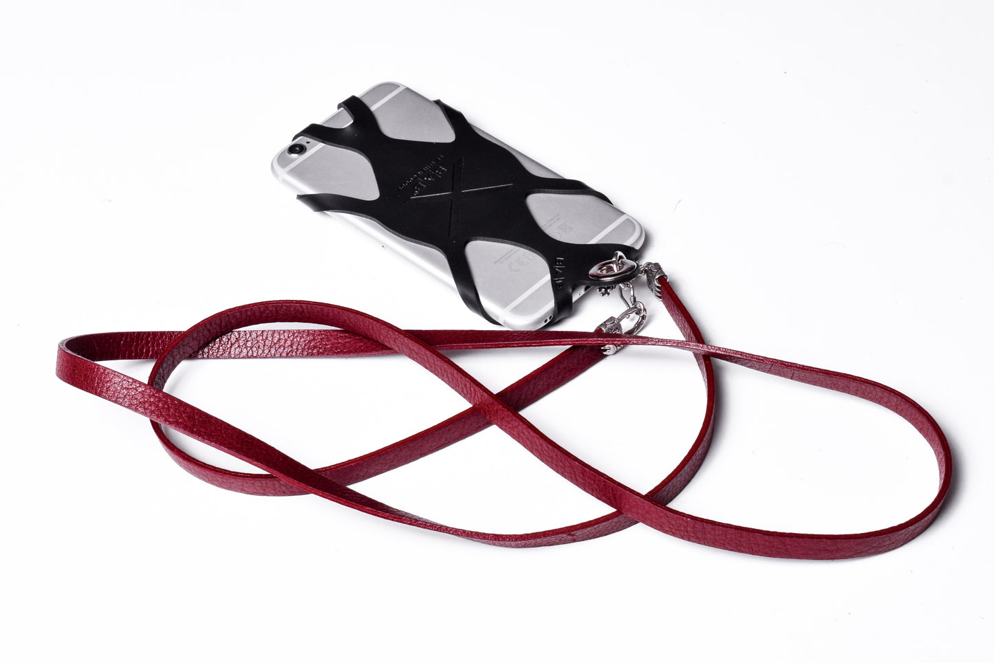 Laser-engraved Silicone cell phone Holder. 2 Cape Terminals, 1 Cane, and S-Clasp, all made of Solid 925 Sterling Silver & Crossbody/Necklace/Bracelet in double Full-Grain vegetable-tanned Leather, Blue, Brown, Black, or Red.- SP25