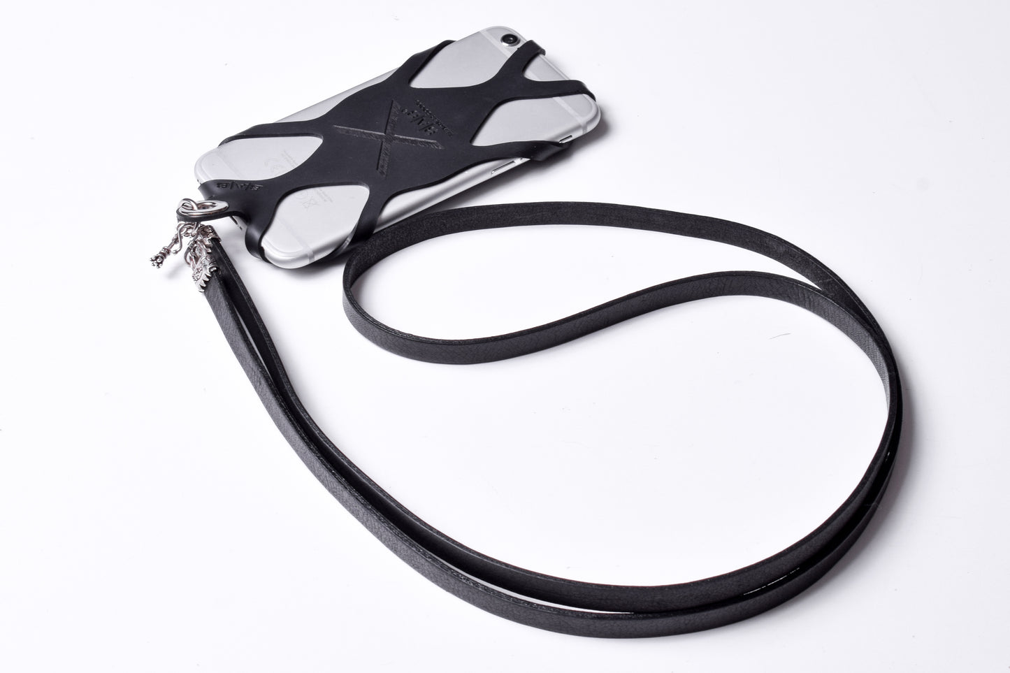 Laser-engraved Silicone cell phone Holder. 2 Cape Terminals, 1 Cane, and S-Clasp, all made of Solid 925 Sterling Silver & Crossbody/Necklace/Bracelet in double Full-Grain vegetable-tanned Leather, Blue, Brown, Black, or Red.- SP25