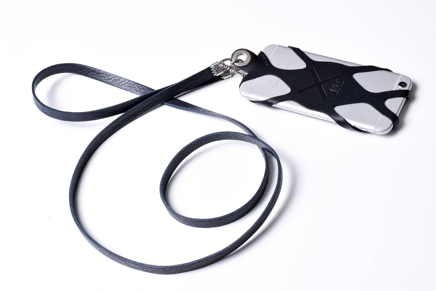 Laser-engraved Silicone cell phone Holder. 2 Cape Terminals, 1 Cane, and S-Clasp, all made of Solid 925 Sterling Silver & Crossbody/Necklace/Bracelet in double Full-Grain vegetable-tanned Leather, Blue, Brown, Black, or Red.- SP25