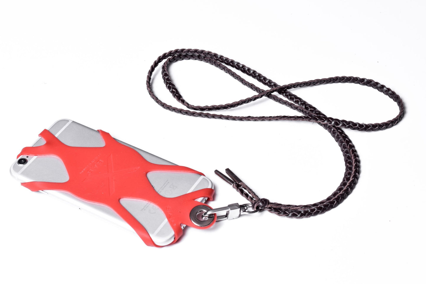 Suporte para celular de Silicone gravado a laser. Crossbody/Colar/Pulseira de Couro Genuíno com 3 fios duplos trançados à mão, Marrom ou Preto com 1 Mosquetão giratório e 2 Terminais prateados.- SC38