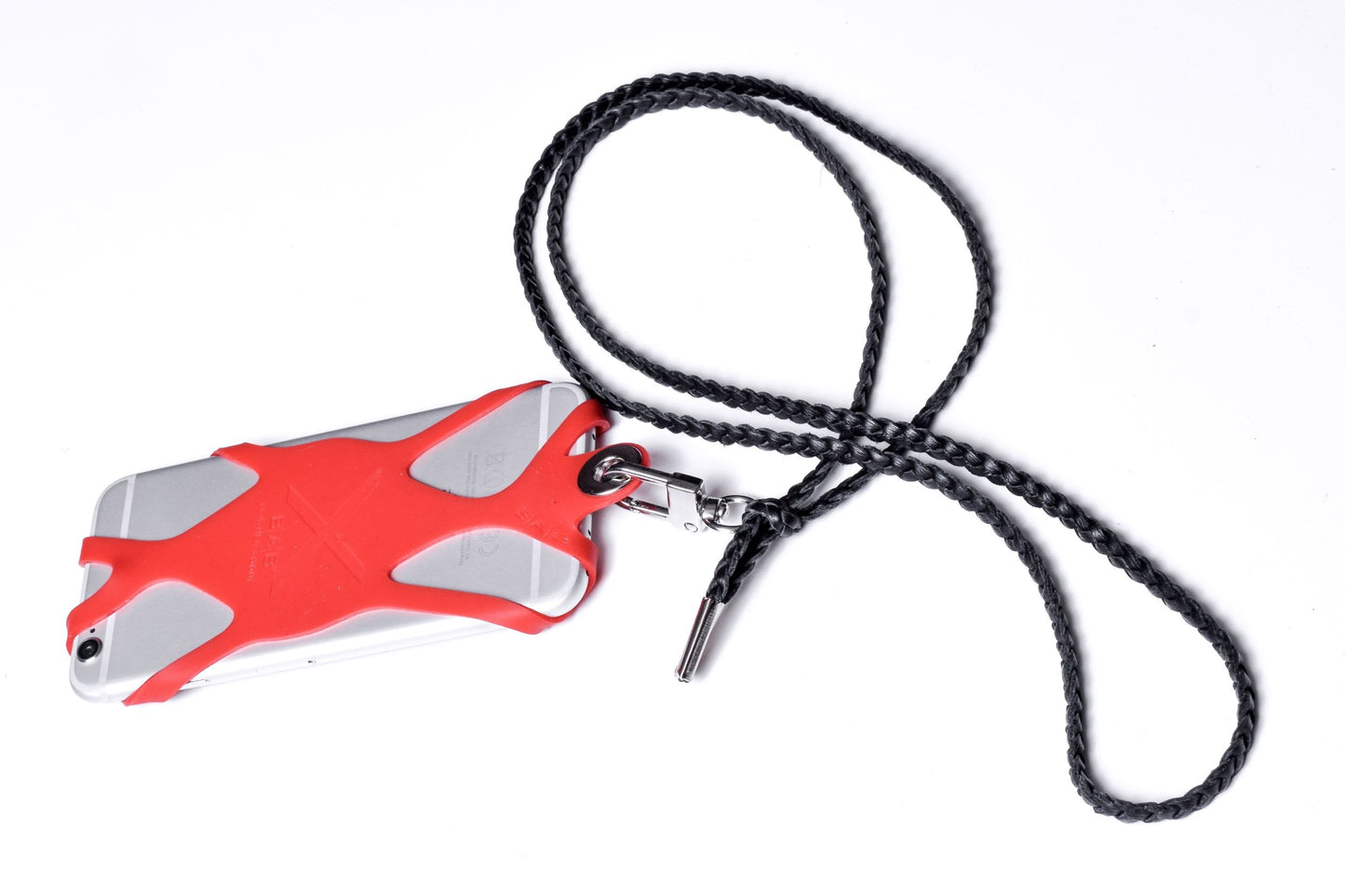 Suporte para celular de Silicone gravado a laser. Crossbody/Colar/Pulseira de Couro Genuíno com 3 fios duplos trançados à mão, Marrom ou Preto com 1 Mosquetão giratório e 2 Terminais prateados.- SC38