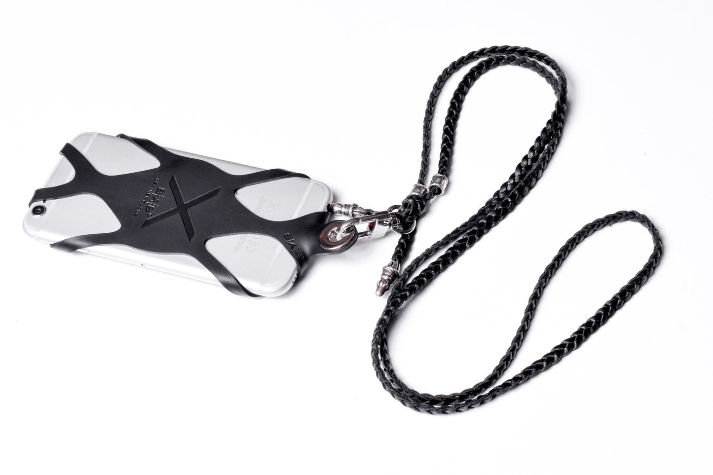 Suporte para celular de Silicone gravado a laser. 2 Terminais de Corda e 2 Pinos de Corda, todos feitos de Prata Esterlina 925 & Crossbody/Colar/Pulseira de Couro Genuíno com 3 fios duplos trançados à mão, Marrom ou Preto.- SP42