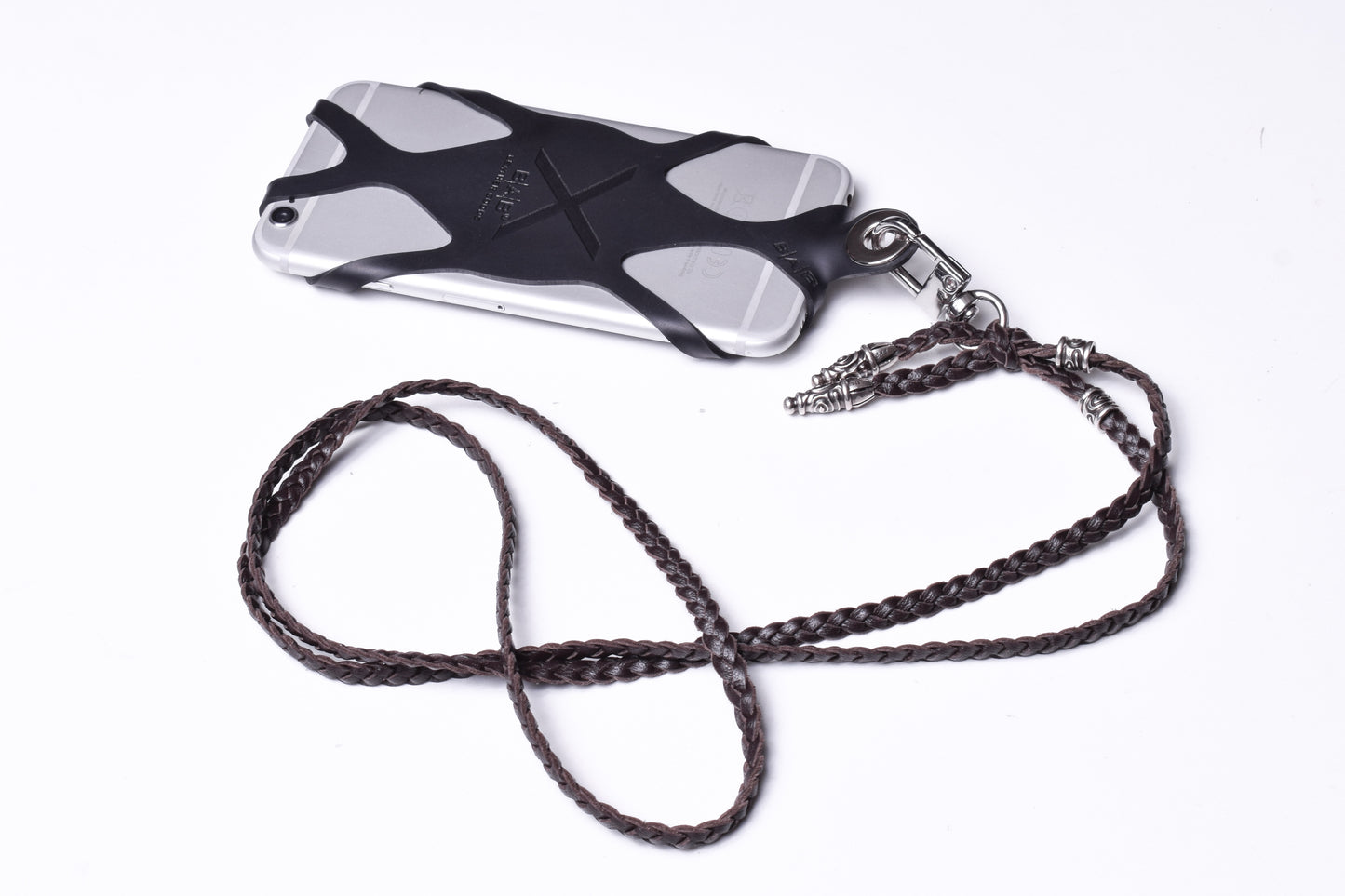 Laser-engraved Silicone cell phone Holder. 2 Spiral Terminals and 2 Spiral Pins, all made of solid 925 Sterling Silver & Genuine Leather Crossbody/Necklace/Bracelet with 3 hand-braided double strands, Brown, or Black.- SP43