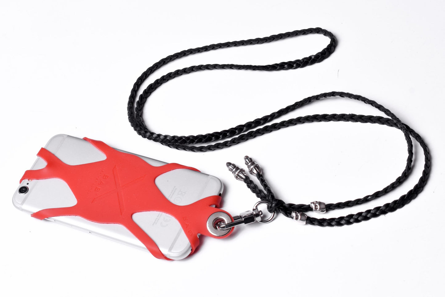 Laser-engraved Silicone cell phone Holder. 2 Skulls and 2 Rope Terminals, all made of solid 925 Sterling Silver & Genuine Leather Crossbody/Necklace/Bracelet with 3 hand-braided double strands, Brown, or Black.- SP30