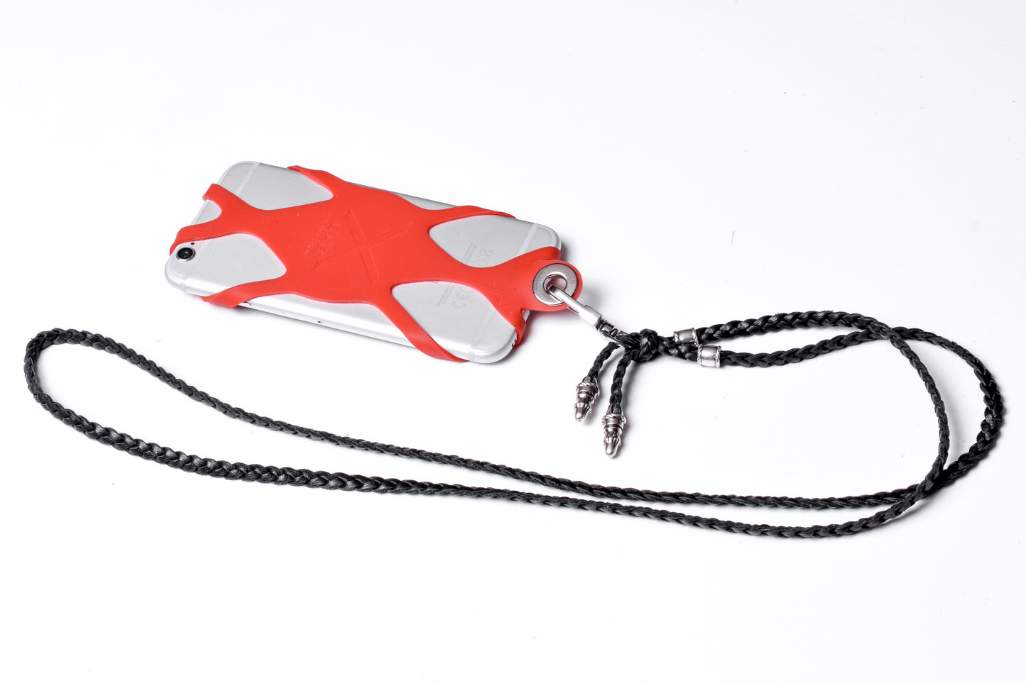 Suporte para celular de Silicone gravado a laser. 2 Terminais de Corda e 2 Pinos de Corda, todos feitos de Prata Esterlina 925 & Crossbody/Colar/Pulseira de Couro Genuíno com 3 fios duplos trançados à mão, Marrom ou Preto.- SP42