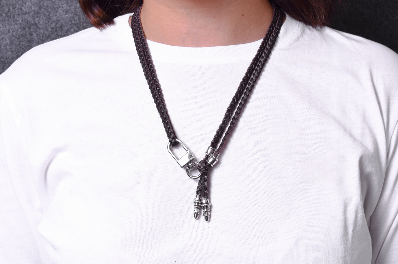 Laser-engraved Silicone cell phone Holder. 2 Rope Terminals and 2 Rope Pins, all made of solid 925 Sterling Silver & Genuine Leather Crossbody/Necklace/Bracelet with 3 hand-braided double strands, Brown, or Black.- SP42