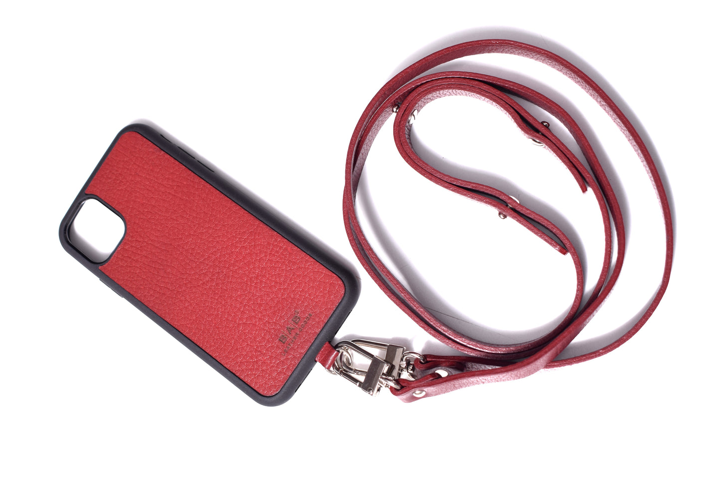Funda de Cuero Genuino Full-Grain & Crossbody doble para iPhone curtido vegetal al tanino/microfibra, Azul, Marrón, Negro o Rojo con 2 Mosquetones y 3 Peones, todos plateados.- F06