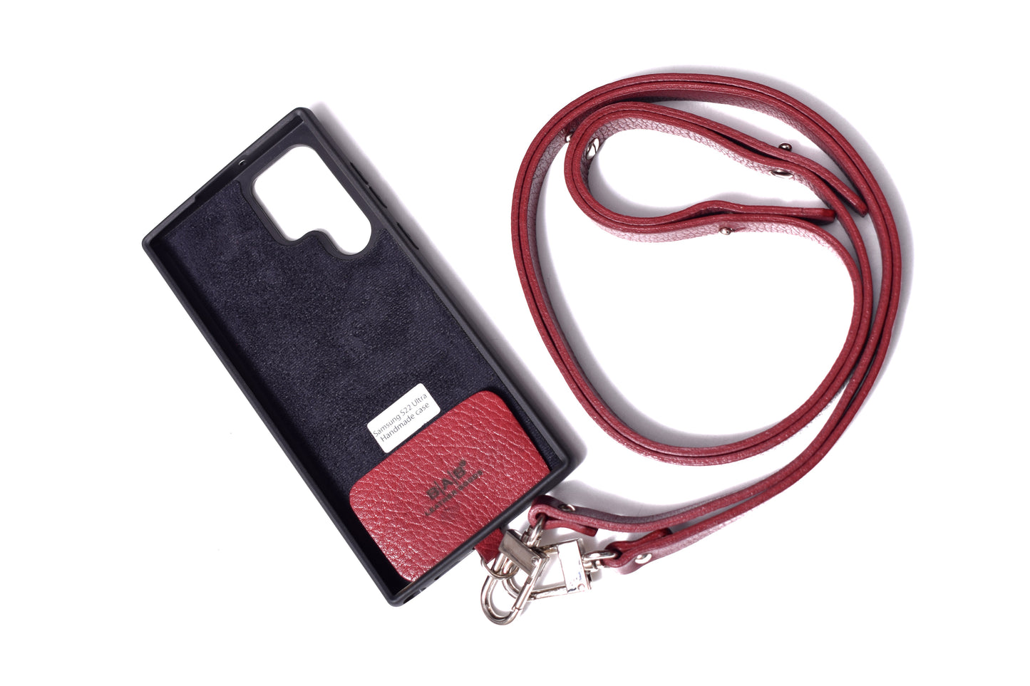 Funda de Cuero Genuino Full-Grain & Crossbody doble para iPhone curtido vegetal al tanino/microfibra, Azul, Marrón, Negro o Rojo con 2 Mosquetones y 3 Peones, todos plateados.- F06