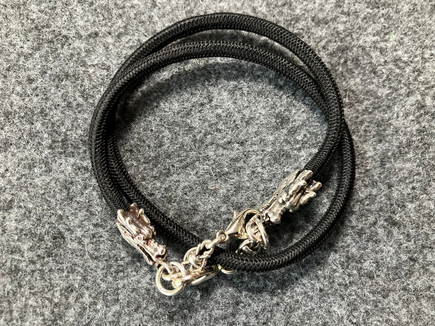 2 Dragon Terminals, 2 Links, and 6 Rings, all made of solid 925 Sterling Silver & Black Elastic Rope Strap/Choker/Bracelet.- PP08