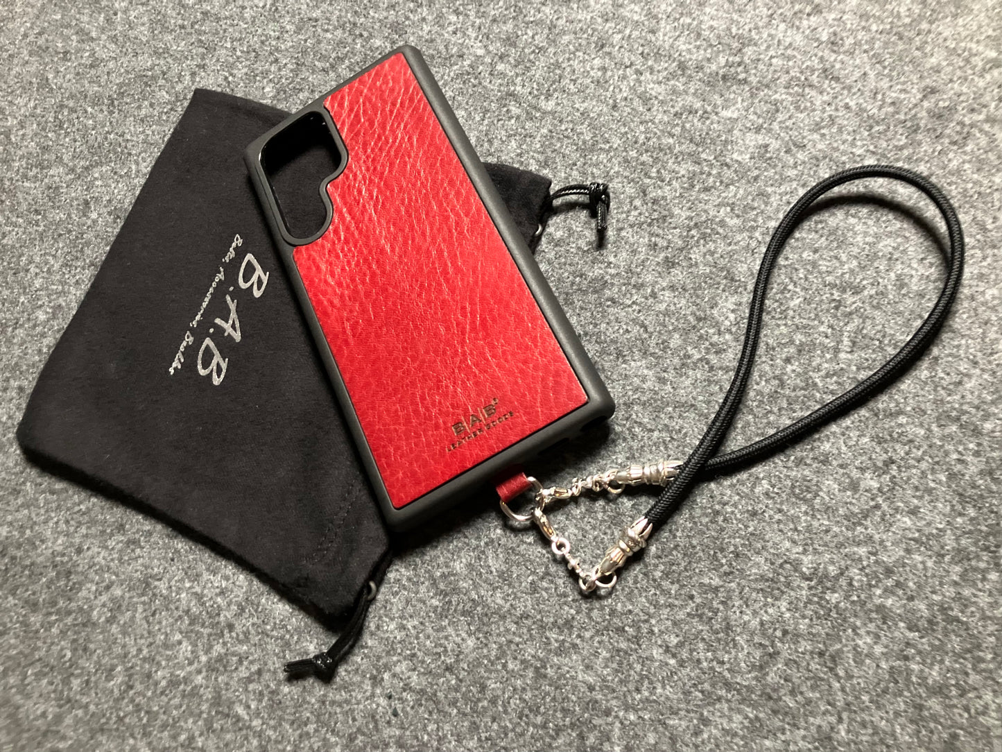 Full-Grain vegetable-tanned Genuine Leather Case/Holder for iPhone/Samsung/microfiber. 2 Rope Ends, 2 Links, and 6 Rings, all made of 925 Sterling Silver & Black Elastic Rope Strap/Choker/Bracelet.- KP40