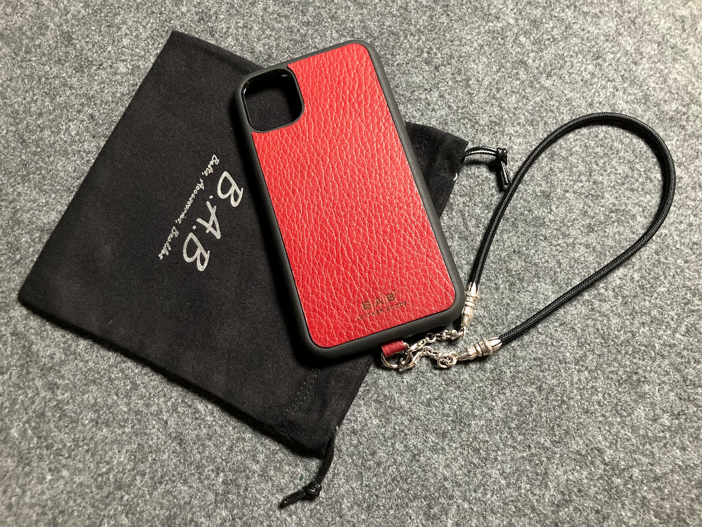 Full-Grain vegetable-tanned Genuine Leather Case/Holder for iPhone/Samsung/microfiber. 2 Rope Ends, 2 Links, and 6 Rings, all made of 925 Sterling Silver & Black Elastic Rope Strap/Choker/Bracelet.- KP40
