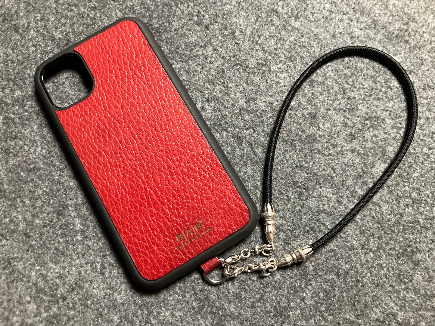Full-Grain vegetable-tanned Genuine Leather Case/Holder for iPhone/Samsung/microfiber. 2 Rope Ends, 2 Links, and 6 Rings, all made of 925 Sterling Silver & Black Elastic Rope Strap/Choker/Bracelet.- KP40