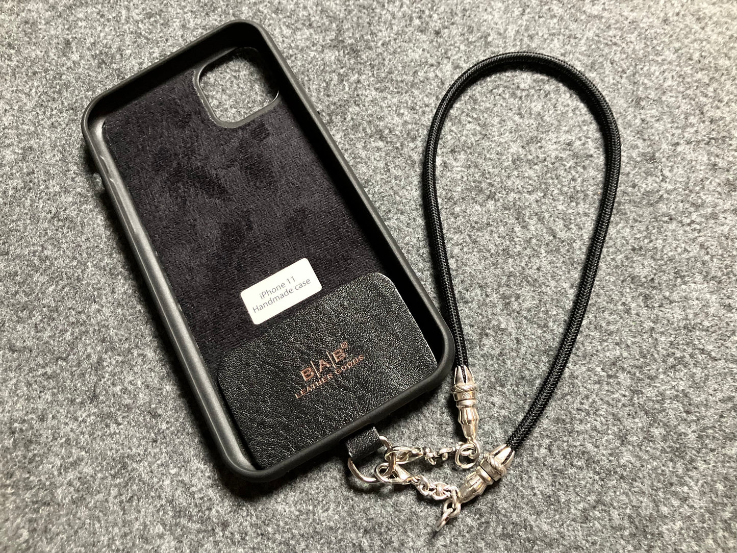 Full-Grain vegetable-tanned Genuine Leather Case/Holder for iPhone/Samsung/microfiber. 2 Rope Ends, 2 Links, and 6 Rings, all made of 925 Sterling Silver & Black Elastic Rope Strap/Choker/Bracelet.- KP40