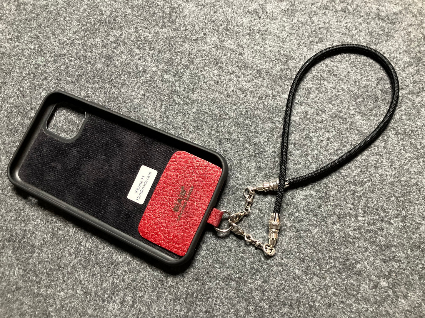 Full-Grain vegetable-tanned Genuine Leather Case/Holder for iPhone/Samsung/microfiber. 2 Rope Ends, 2 Links, and 6 Rings, all made of 925 Sterling Silver & Black Elastic Rope Strap/Choker/Bracelet.- KP40