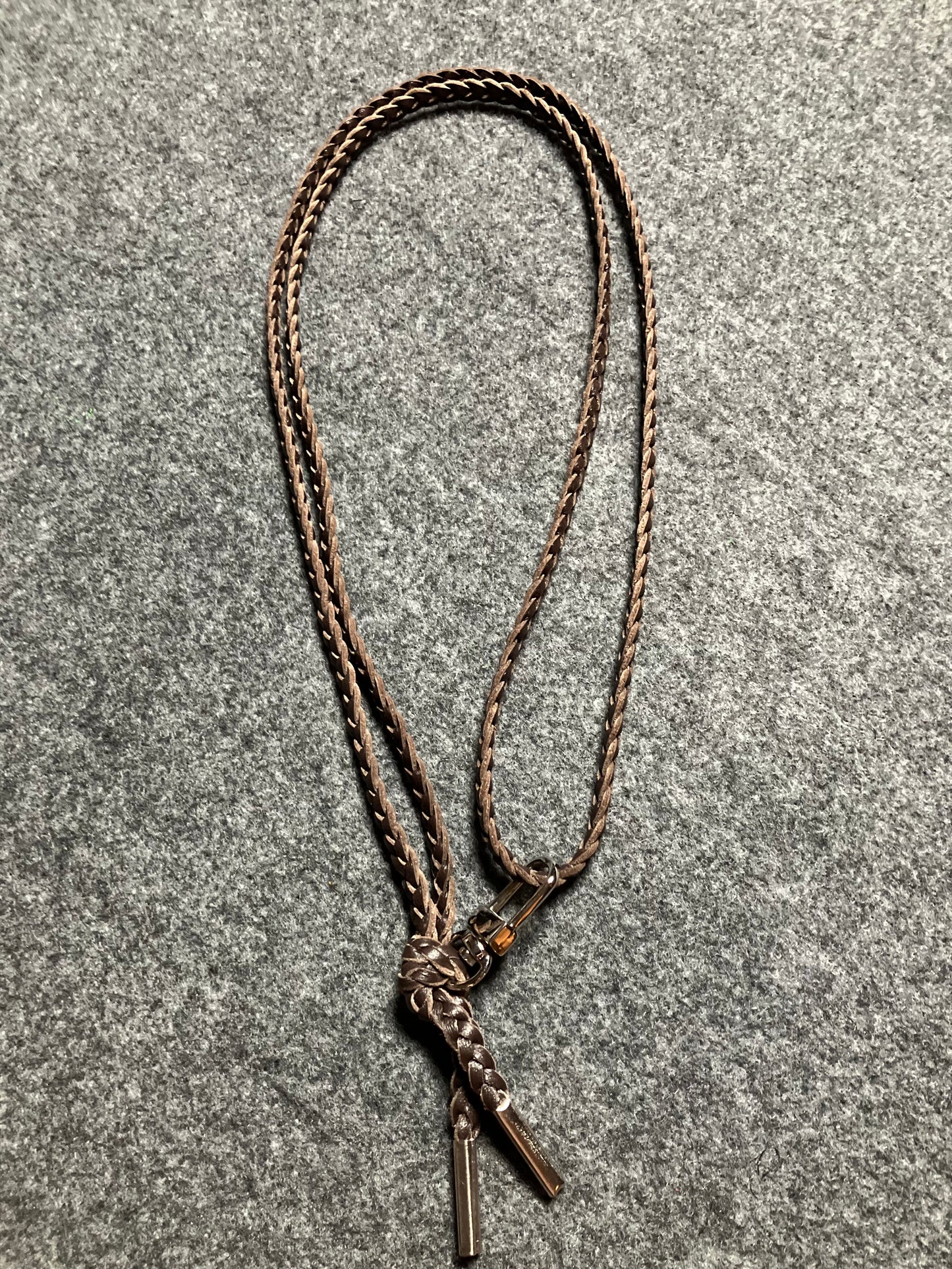 Genuine Leather Crossbody/Necklace/Bracelet, with three double hand-braided Strands, Brown or Black. 1 swivel Carabiner and 2 End caps, all Silver.- C38
