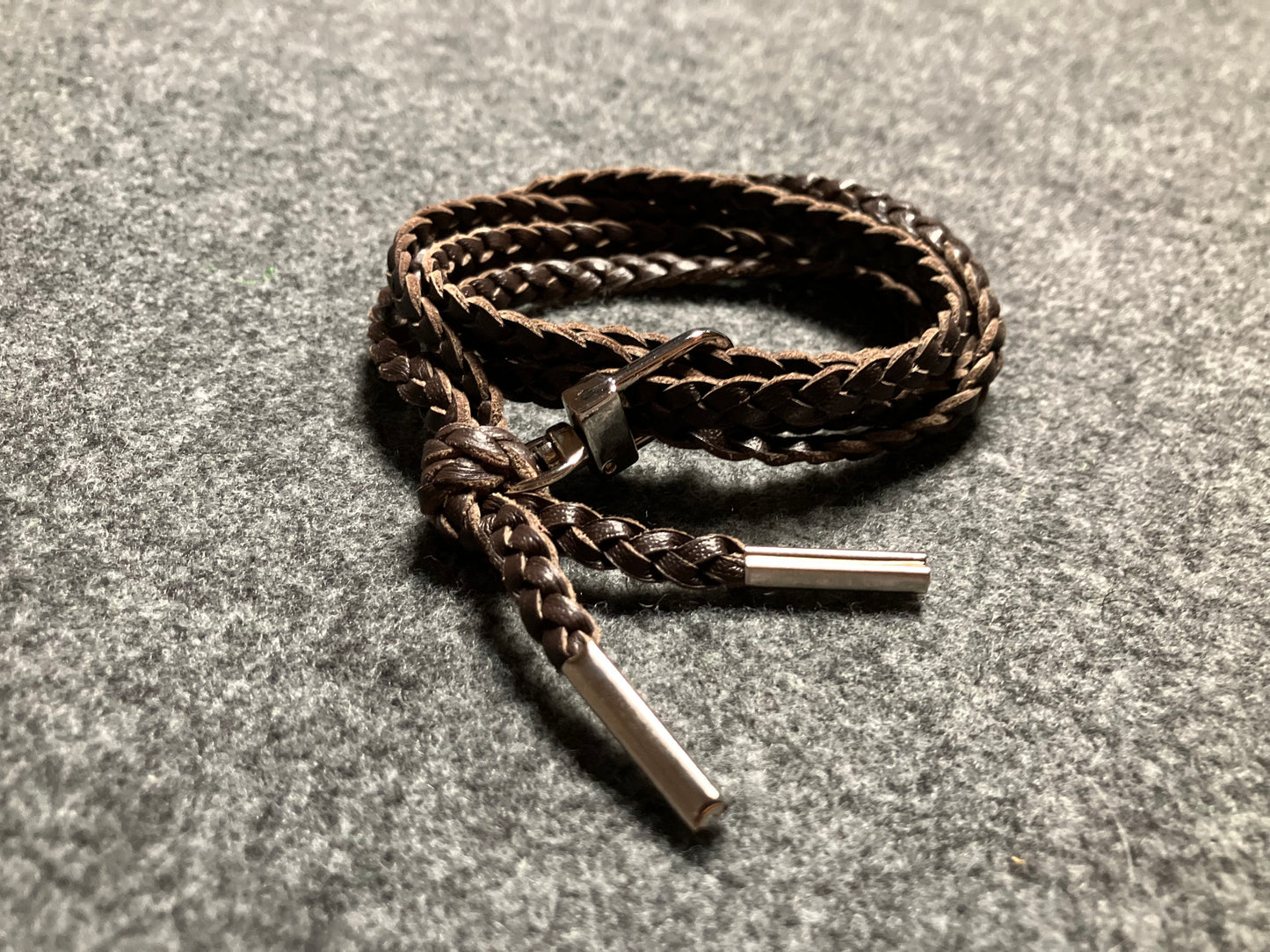 Genuine Leather Crossbody/Necklace/Bracelet, with three double hand-braided Strands, Brown or Black. 1 swivel Carabiner and 2 End caps, all Silver.- C38