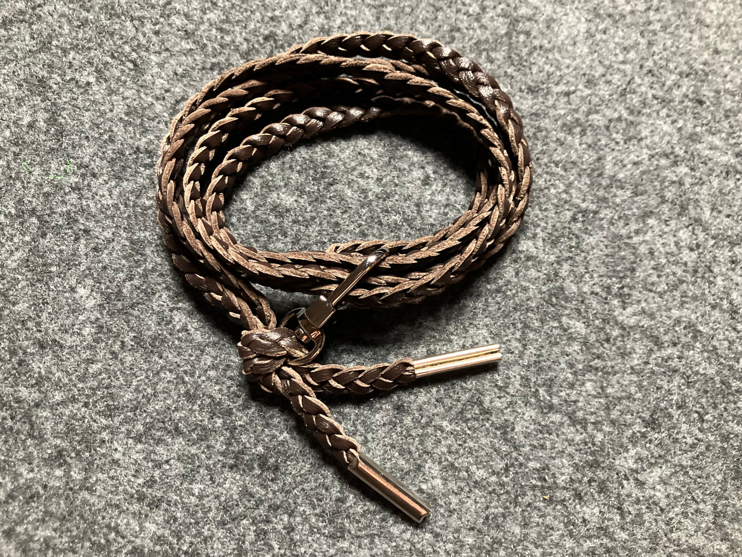 Genuine Leather Crossbody/Necklace/Bracelet, with three double hand-braided Strands, Brown or Black. 1 swivel Carabiner and 2 End caps, all Silver.- C38