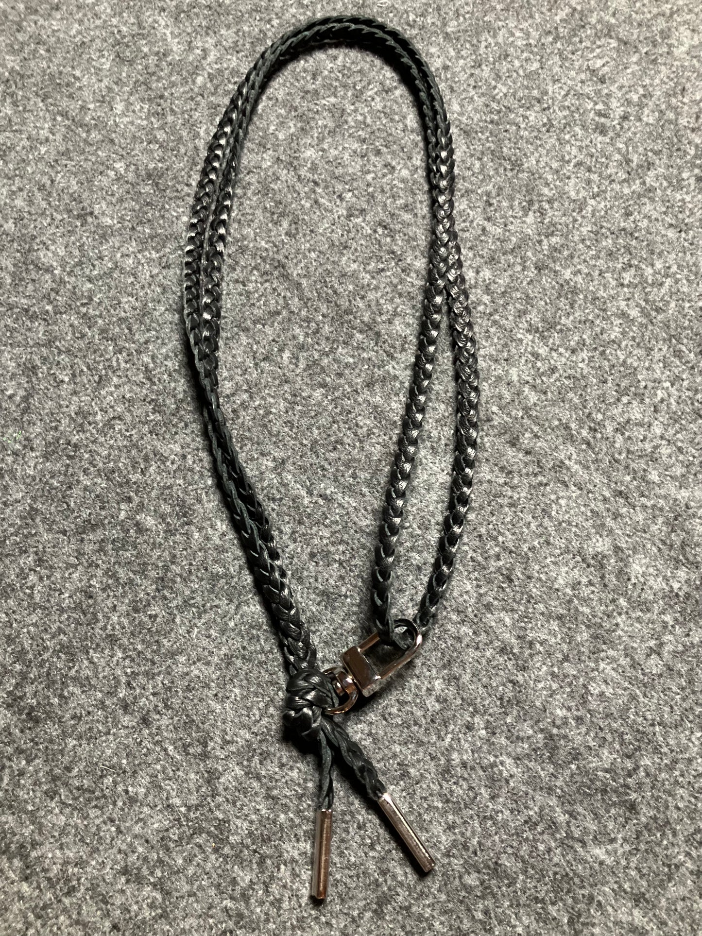 Genuine Leather Crossbody/Necklace/Bracelet, with three double hand-braided Strands, Brown or Black. 1 swivel Carabiner and 2 End caps, all Silver.- C38