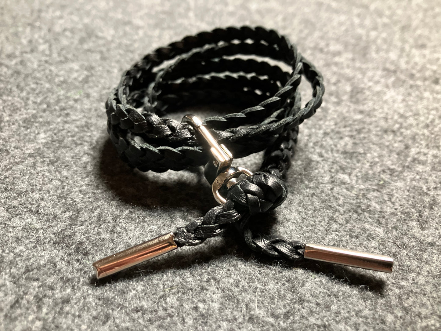 Genuine Leather Crossbody/Necklace/Bracelet, with three double hand-braided Strands, Brown or Black. 1 swivel Carabiner and 2 End caps, all Silver.- C38