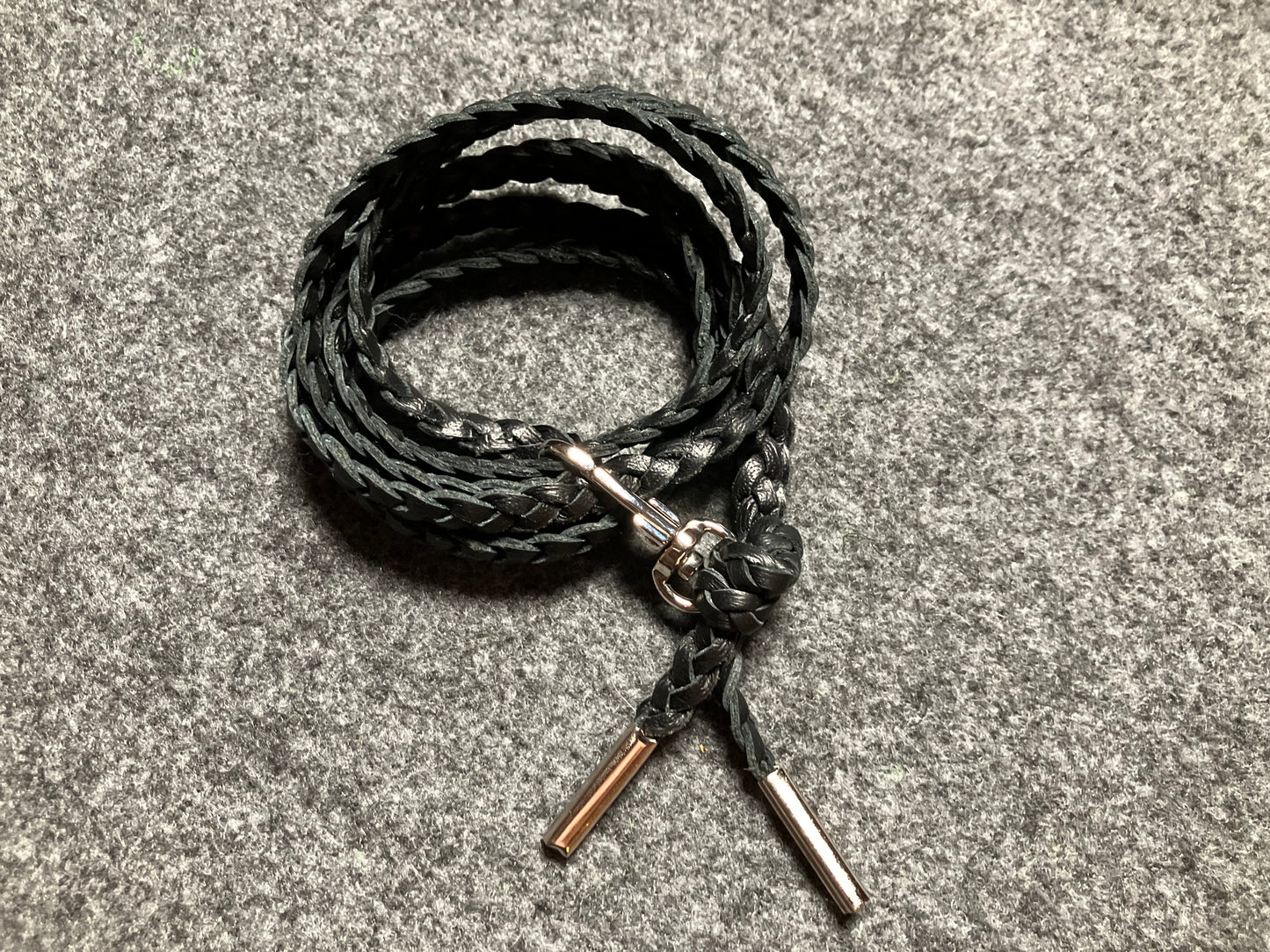 Genuine Leather Crossbody/Necklace/Bracelet, with three double hand-braided Strands, Brown or Black. 1 swivel Carabiner and 2 End caps, all Silver.- C38