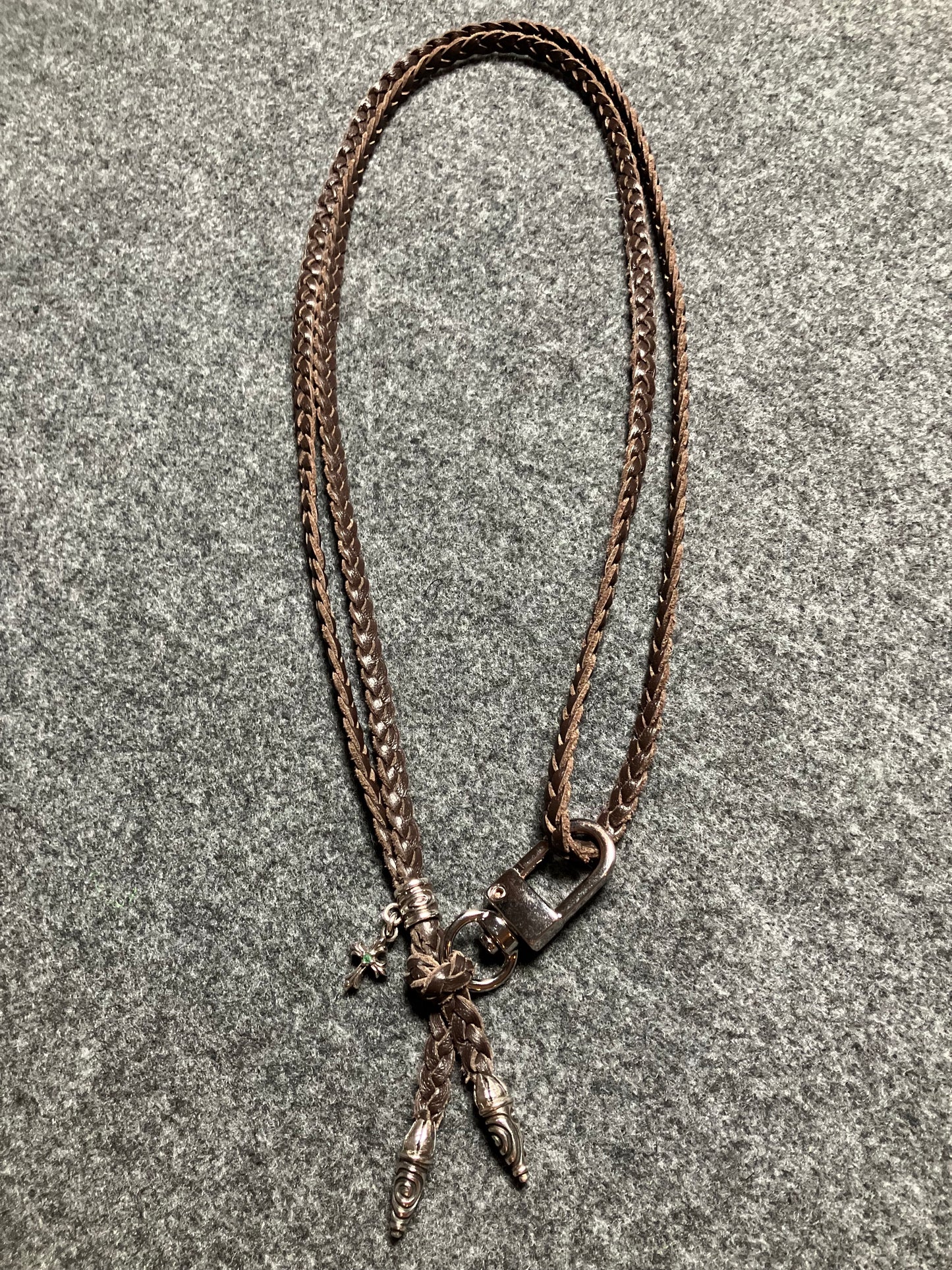 Full-Grain Leather iPhone Case/Holder/Microfiber. 2 Spiral Terminals, 1 Spiral Pin with Ring, and 1 Crucifix Pendant with 2 Hand-cut Emeralds, all made of 925 Sterling Silver & 3-Strand Leather Crossbody/Necklace/Bracelet, Brown or Black.- KC31i
