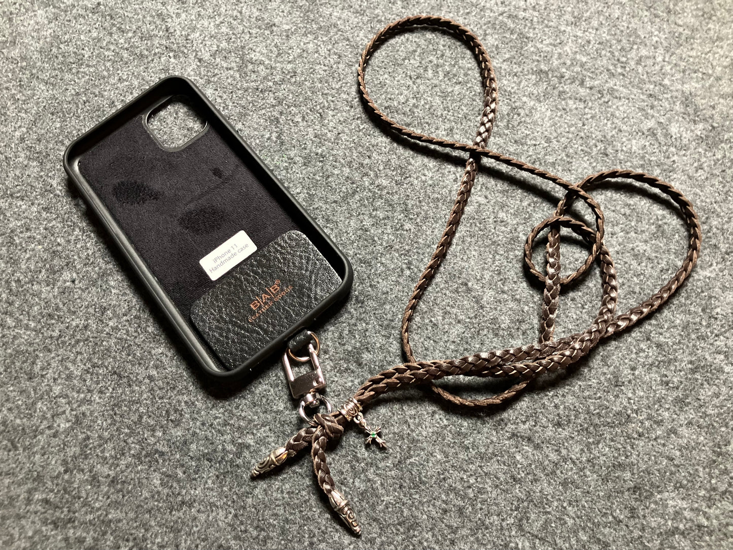 Full-Grain Leather iPhone Case/Holder/Microfiber. 2 Spiral Terminals, 1 Spiral Pin with Ring, and 1 Crucifix Pendant with 2 Hand-cut Emeralds, all made of 925 Sterling Silver & 3-Strand Leather Crossbody/Necklace/Bracelet, Brown or Black.- KC31i