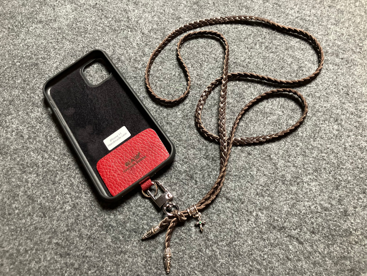 Full-Grain Leather iPhone Case/Holder/Microfiber. 2 Spiral Terminals, 1 Spiral Pin with Ring, and 1 Crucifix Pendant with 2 Hand-cut Emeralds, all made of 925 Sterling Silver & 3-Strand Leather Crossbody/Necklace/Bracelet, Brown or Black.- KC31i