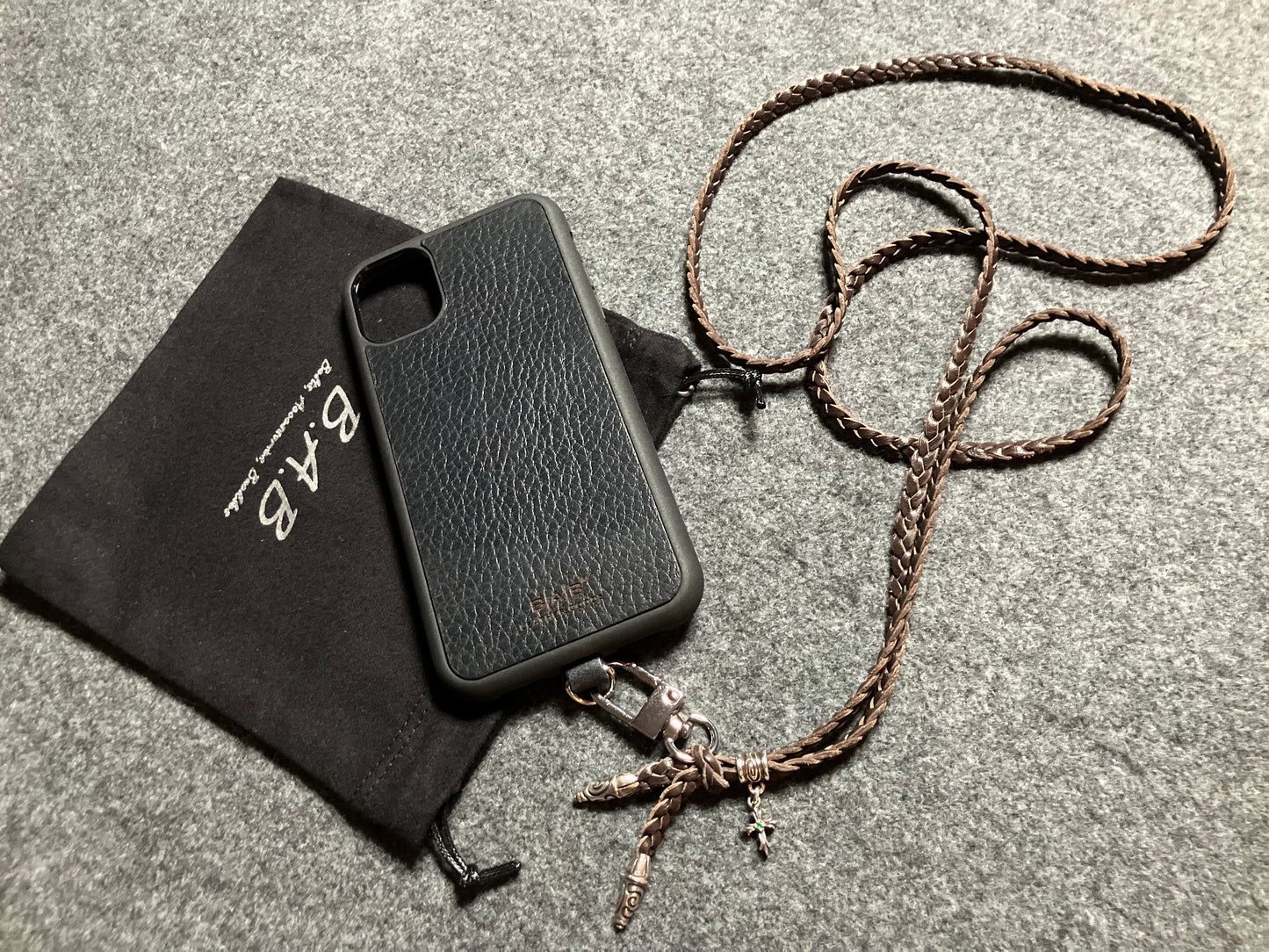 Full-Grain Leather iPhone Case/Holder/Microfiber. 2 Spiral Terminals, 1 Spiral Pin with Ring, and 1 Crucifix Pendant with 2 Hand-cut Emeralds, all made of 925 Sterling Silver & 3-Strand Leather Crossbody/Necklace/Bracelet, Brown or Black.- KC31i