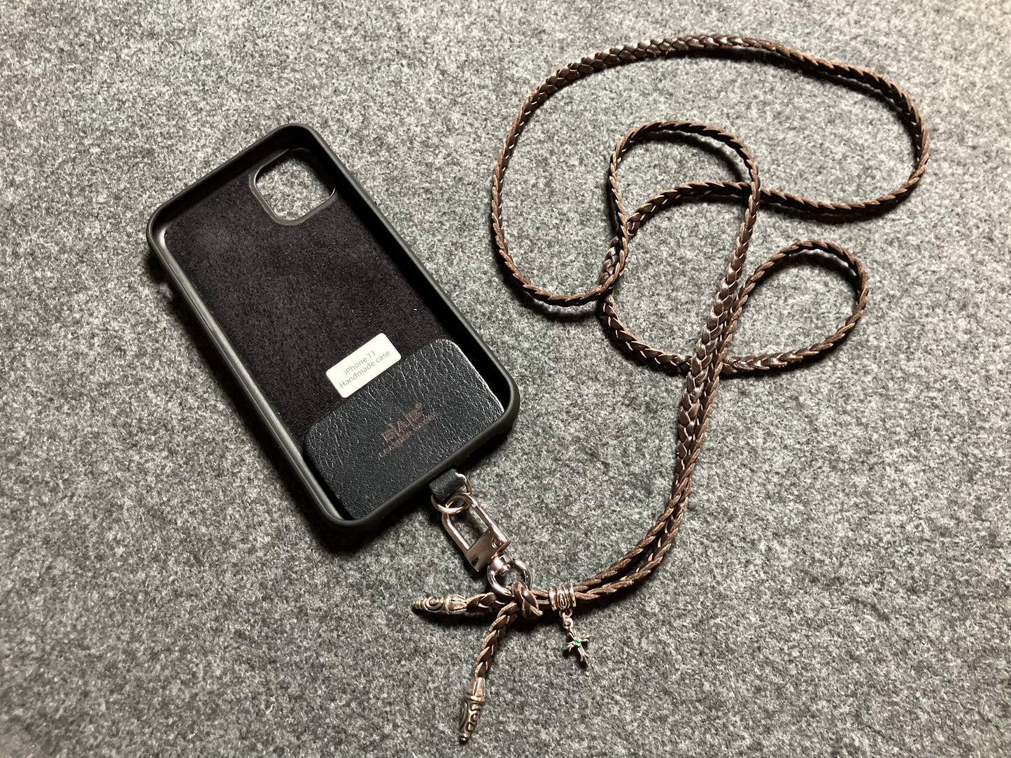 Full-Grain Leather iPhone Case/Holder/Microfiber. 2 Spiral Terminals, 1 Spiral Pin with Ring, and 1 Crucifix Pendant with 2 Hand-cut Emeralds, all made of 925 Sterling Silver & 3-Strand Leather Crossbody/Necklace/Bracelet, Brown or Black.- KC31i