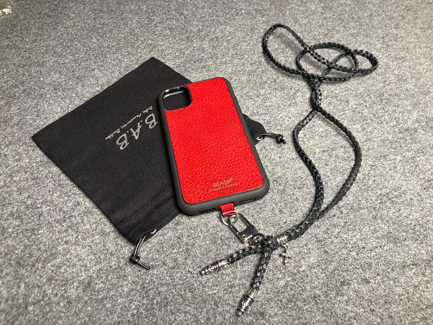 Full-Grain Leather iPhone Case/Holder/Microfiber. 2 Spiral Terminals, 1 Spiral Pin with Ring, and 1 Crucifix Pendant with 2 Hand-cut Emeralds, all made of 925 Sterling Silver & 3-Strand Leather Crossbody/Necklace/Bracelet, Brown or Black.- KC31i