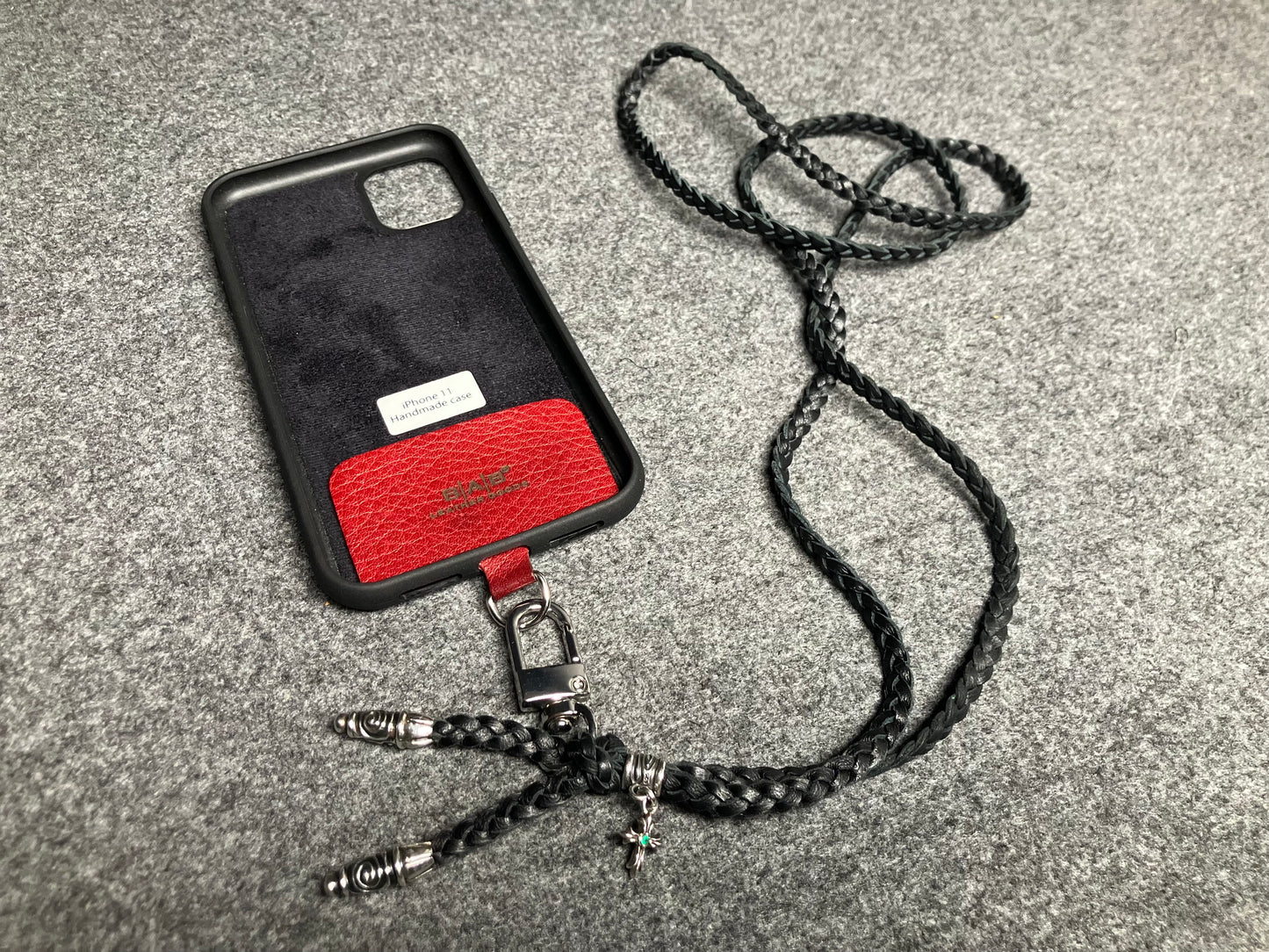 Full-Grain Leather iPhone Case/Holder/Microfiber. 2 Spiral Terminals, 1 Spiral Pin with Ring, and 1 Crucifix Pendant with 2 Hand-cut Emeralds, all made of 925 Sterling Silver & 3-Strand Leather Crossbody/Necklace/Bracelet, Brown or Black.- KC31i