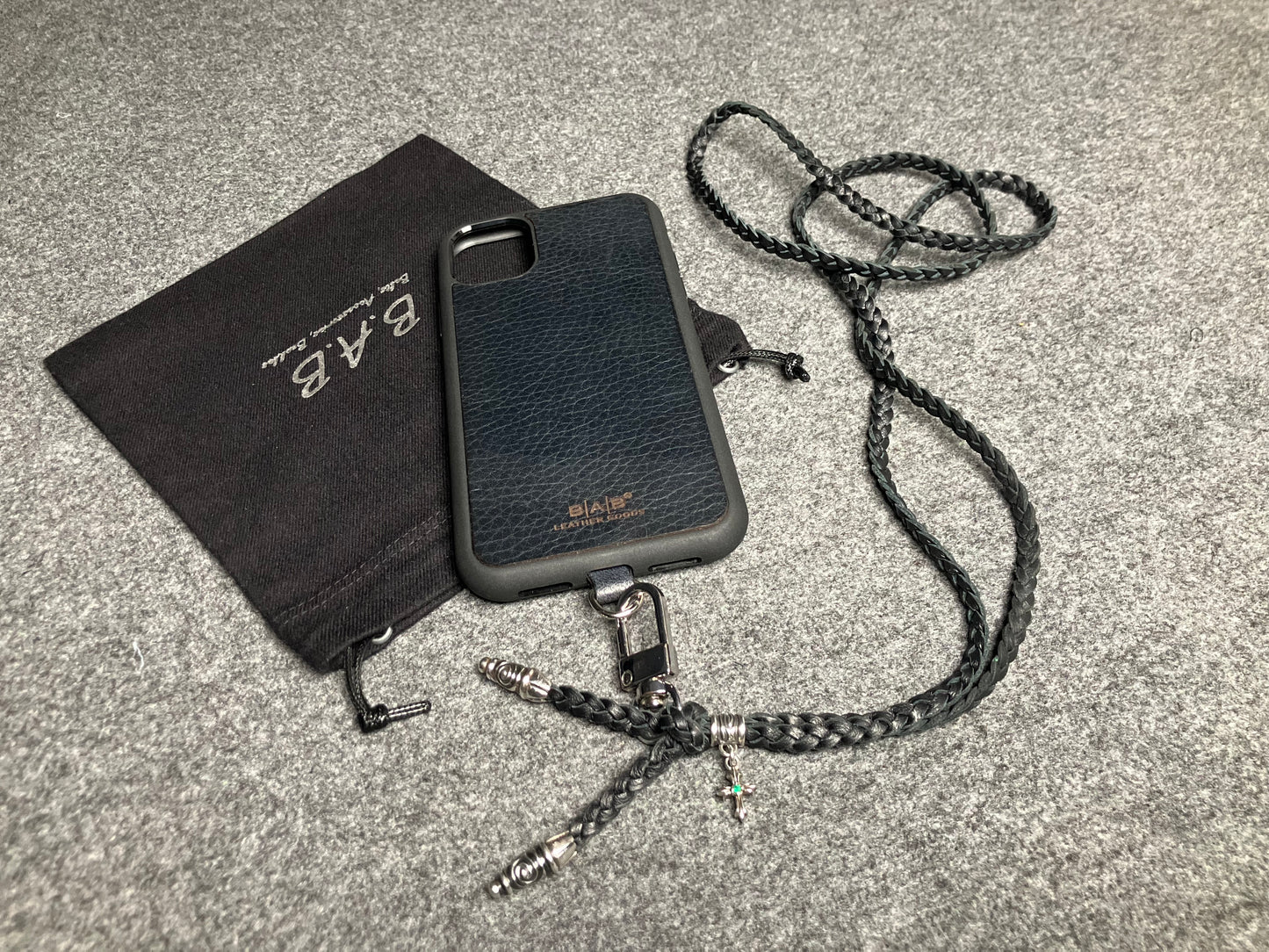 Full-Grain Leather iPhone Case/Holder/Microfiber. 2 Spiral Terminals, 1 Spiral Pin with Ring, and 1 Crucifix Pendant with 2 Hand-cut Emeralds, all made of 925 Sterling Silver & 3-Strand Leather Crossbody/Necklace/Bracelet, Brown or Black.- KC31i