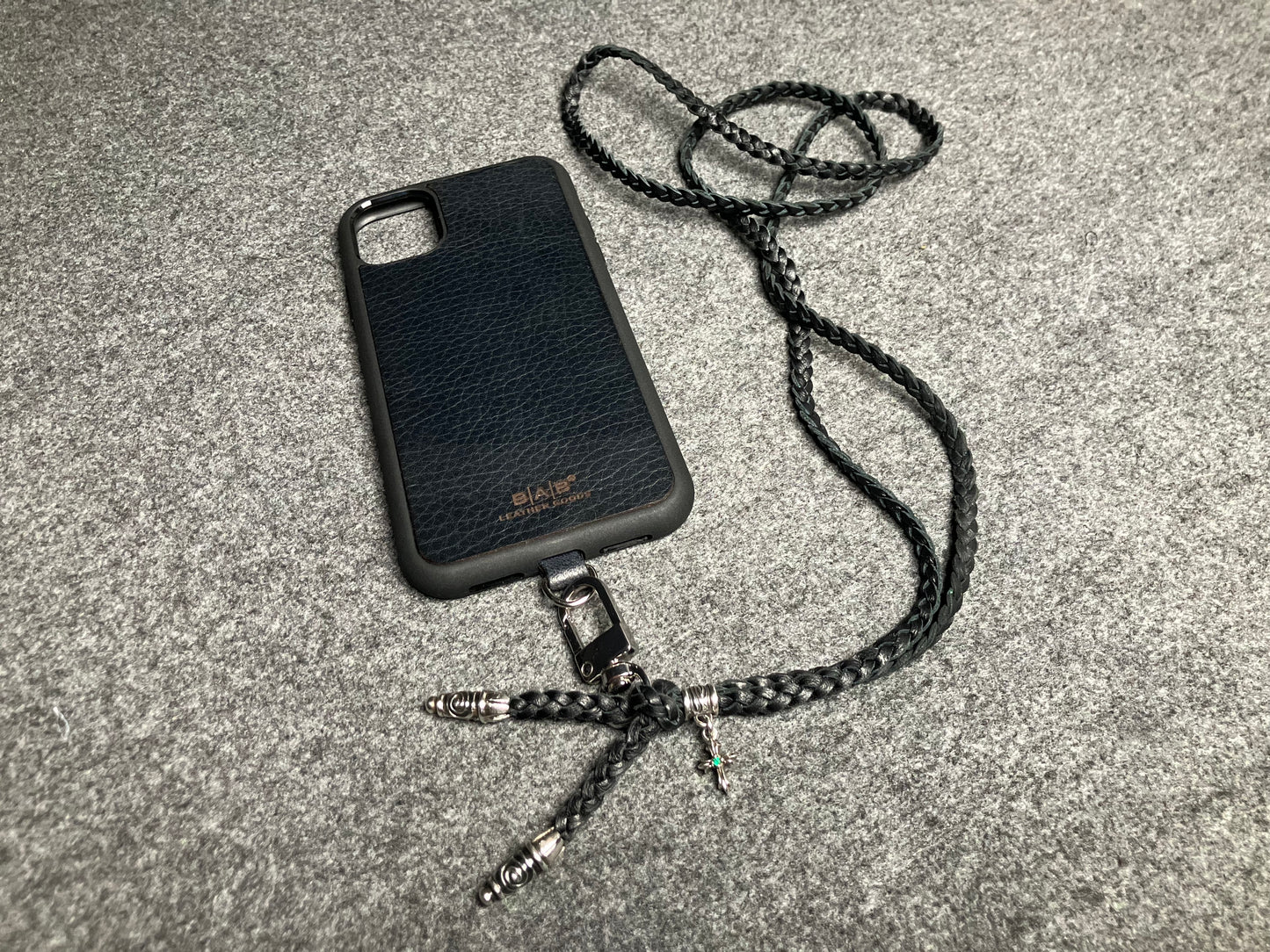 Full-Grain Leather iPhone Case/Holder/Microfiber. 2 Spiral Terminals, 1 Spiral Pin with Ring, and 1 Crucifix Pendant with 2 Hand-cut Emeralds, all made of 925 Sterling Silver & 3-Strand Leather Crossbody/Necklace/Bracelet, Brown or Black.- KC31i