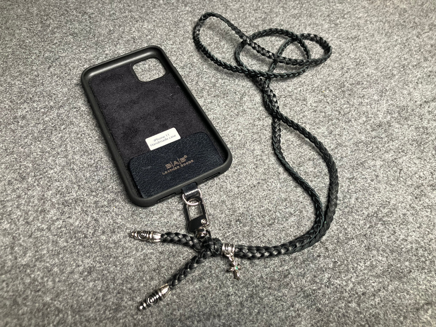 Full-Grain Leather iPhone Case/Holder/Microfiber. 2 Spiral Terminals, 1 Spiral Pin with Ring, and 1 Crucifix Pendant with 2 Hand-cut Emeralds, all made of 925 Sterling Silver & 3-Strand Leather Crossbody/Necklace/Bracelet, Brown or Black.- KC31i