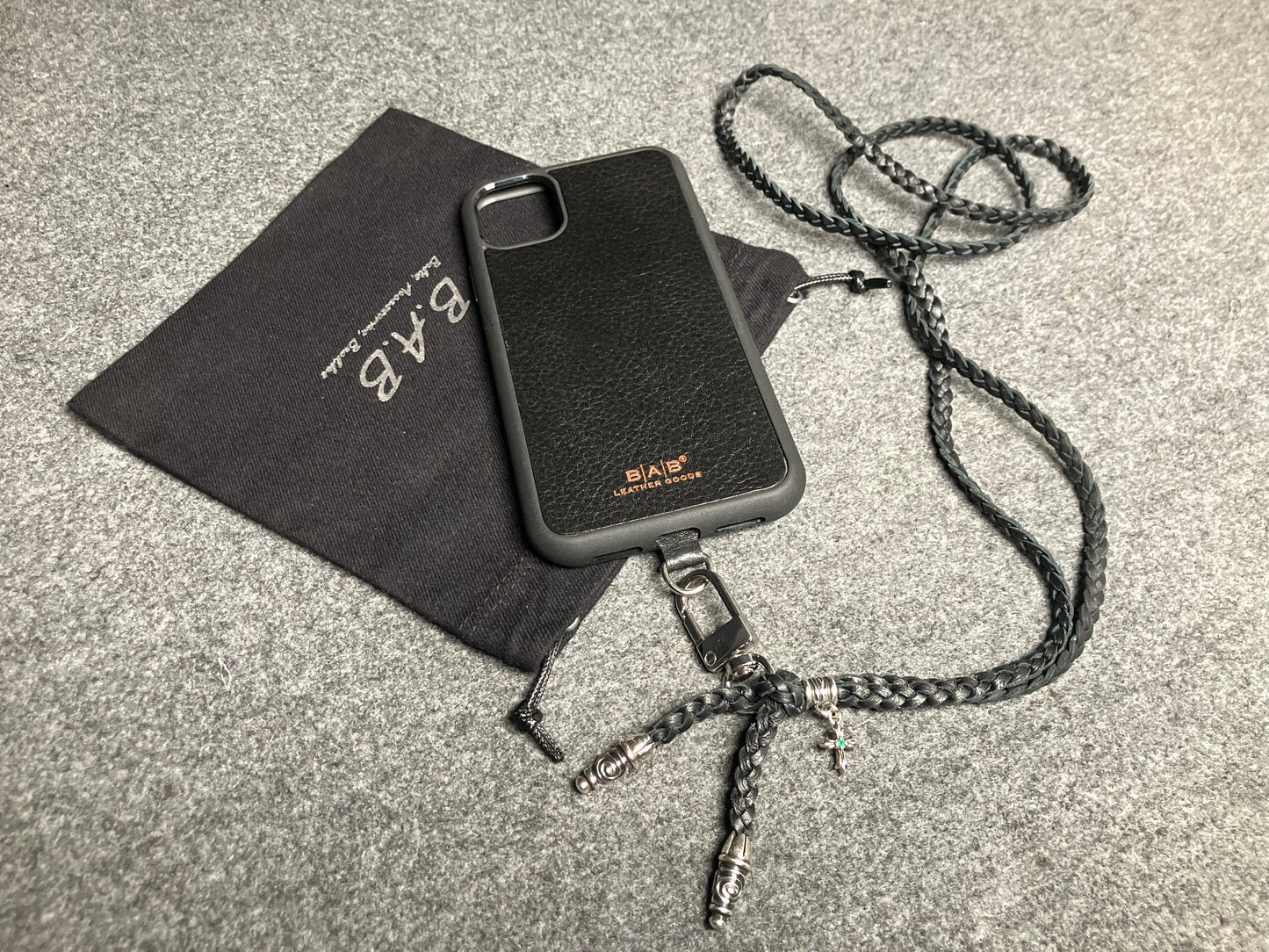 Full-Grain Leather iPhone Case/Holder/Microfiber. 2 Spiral Terminals, 1 Spiral Pin with Ring, and 1 Crucifix Pendant with 2 Hand-cut Emeralds, all made of 925 Sterling Silver & 3-Strand Leather Crossbody/Necklace/Bracelet, Brown or Black.- KC31i